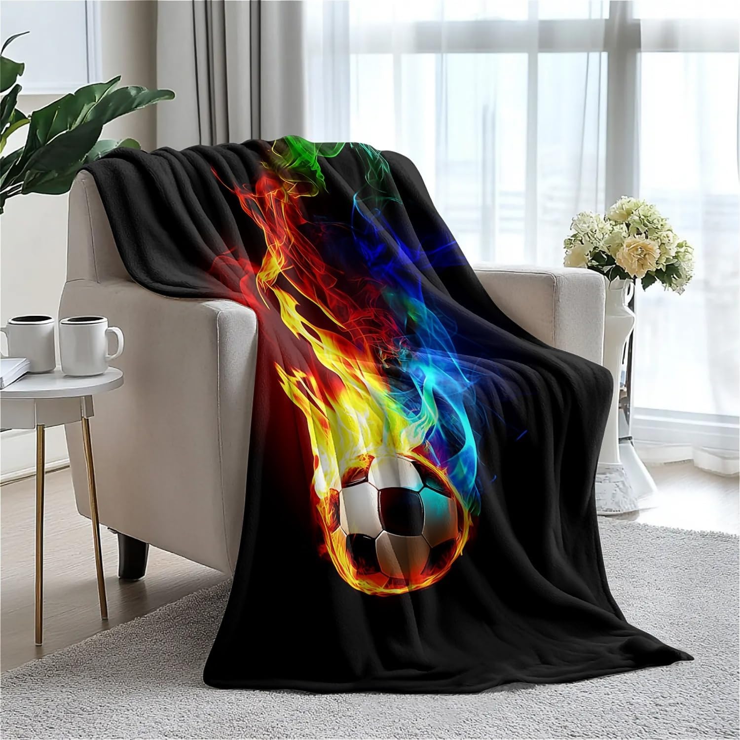 Fire Soccer Blanket Fleece Throw for Couch Bed Sofa Travel and Camping, Soft Plush Throw Blanket for for All Seasons 60"x80" - Warm Plush Throw Blank for Women, Men and Kids