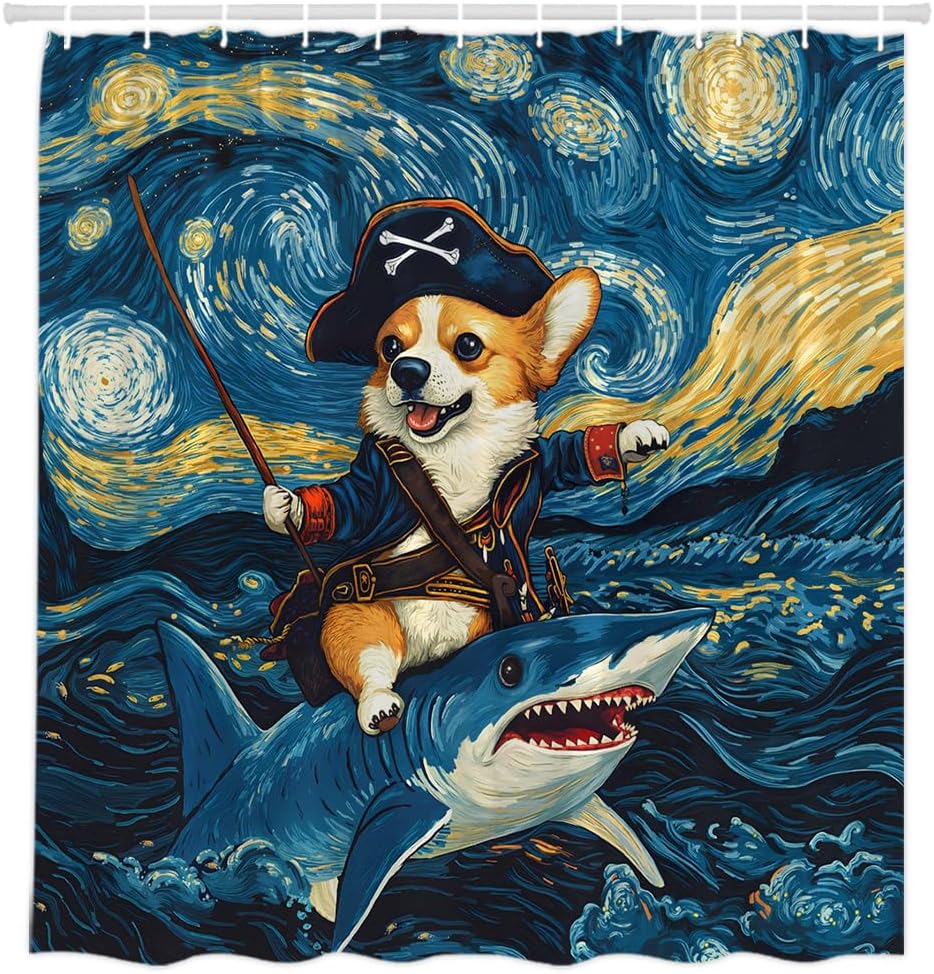 Funny Dog Riding Shark Starry Shower Curtain Ocean Sea Waves Cute Pirate Corgi Surfing Creative Hilarious Bathroom Decor Curtain Polyester with Hooks 70" L x 108" W