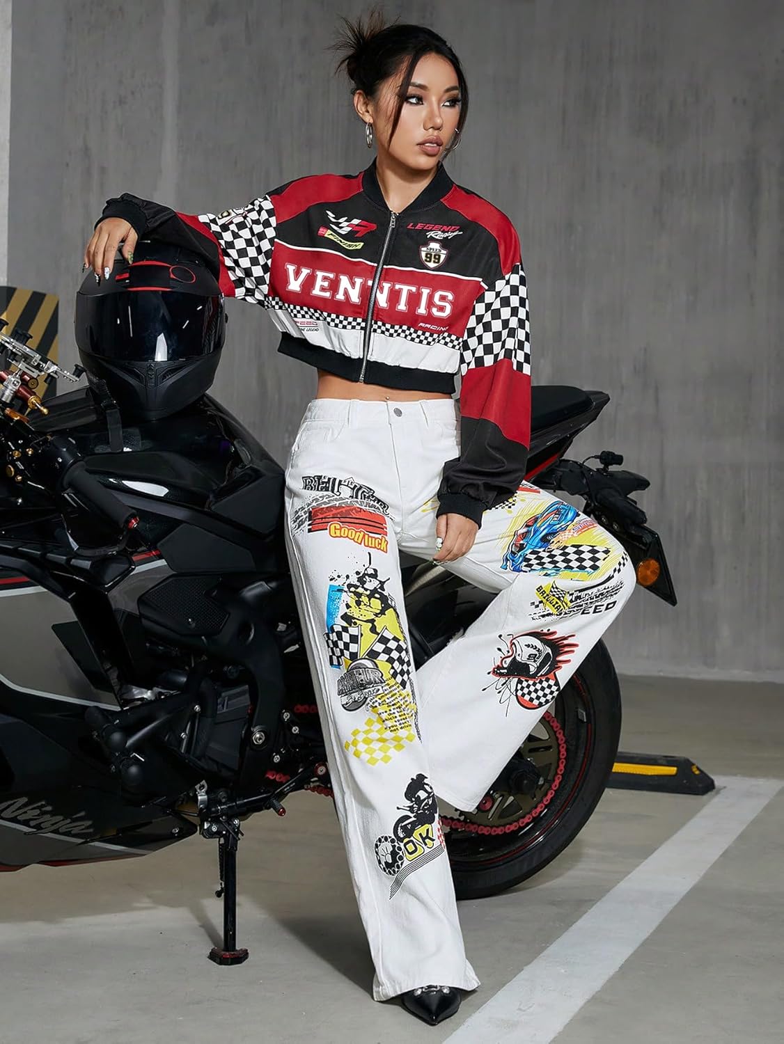 GORGLITTER Women's Cropped Varsity Jacket Zip Up 90s Outfits Bomber Jacket Y2k Graphic Motorcycle Coats F1 Racer Jackets