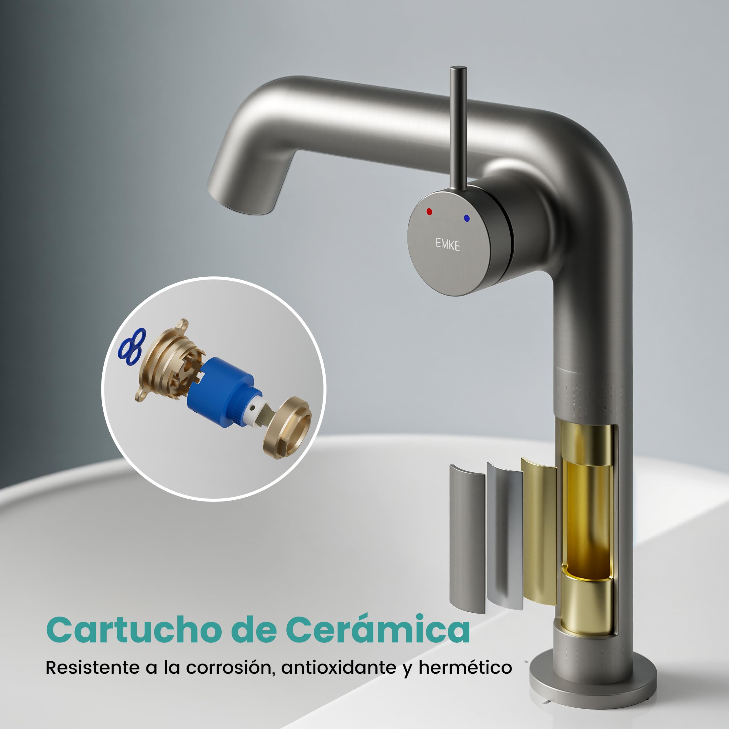 EMKE Grifo de Baño Antracita Mate, 222 x 200 x 76 mm | Latón, Cartucho de Cerámica, Grifo Monomando para Lavabo, Instalación Fácil