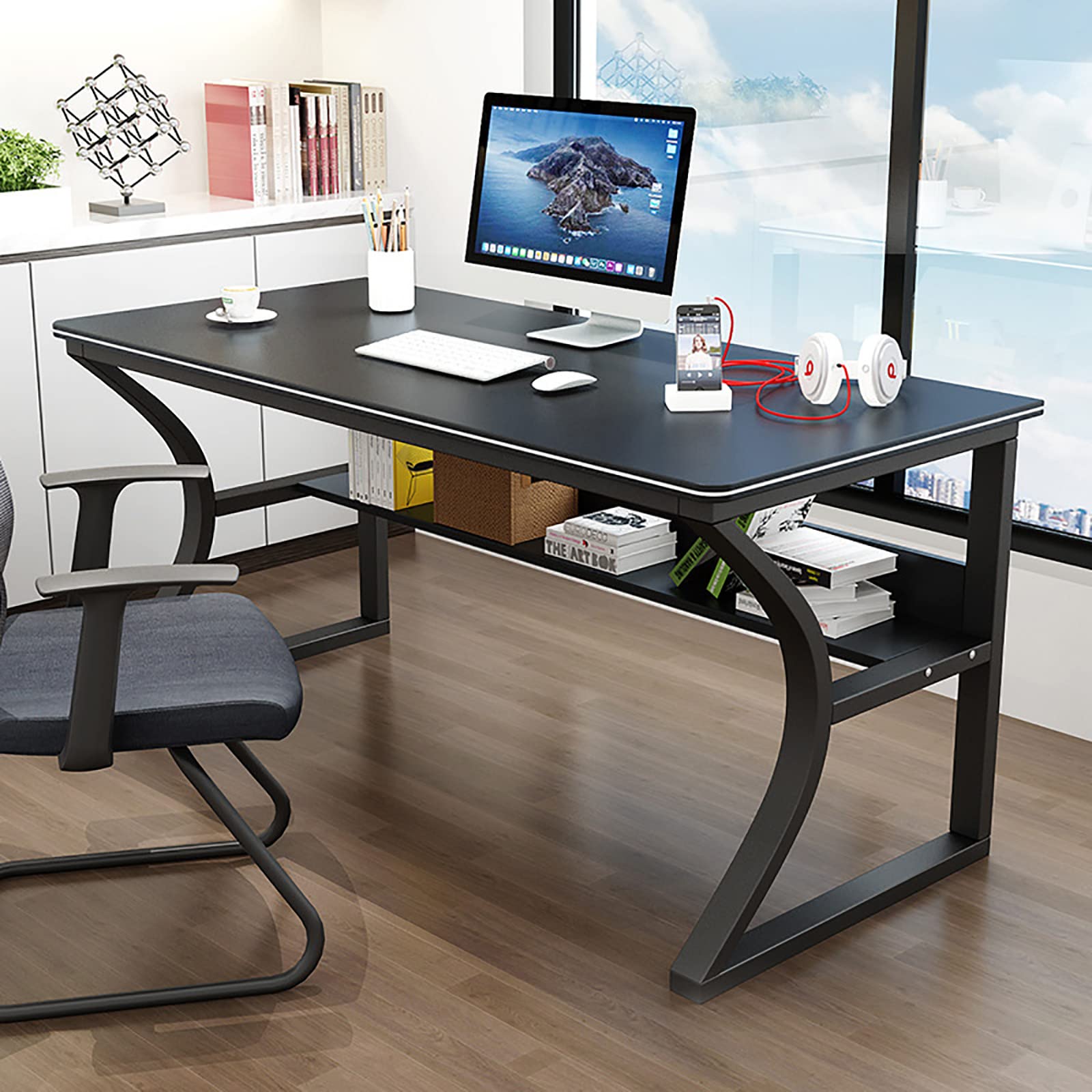 Biurko komputerowe do domowego biura, stół do nauki, nowoczesny i prosty styl na laptopa, z półkami do przechowywania (99 cm, czarny)