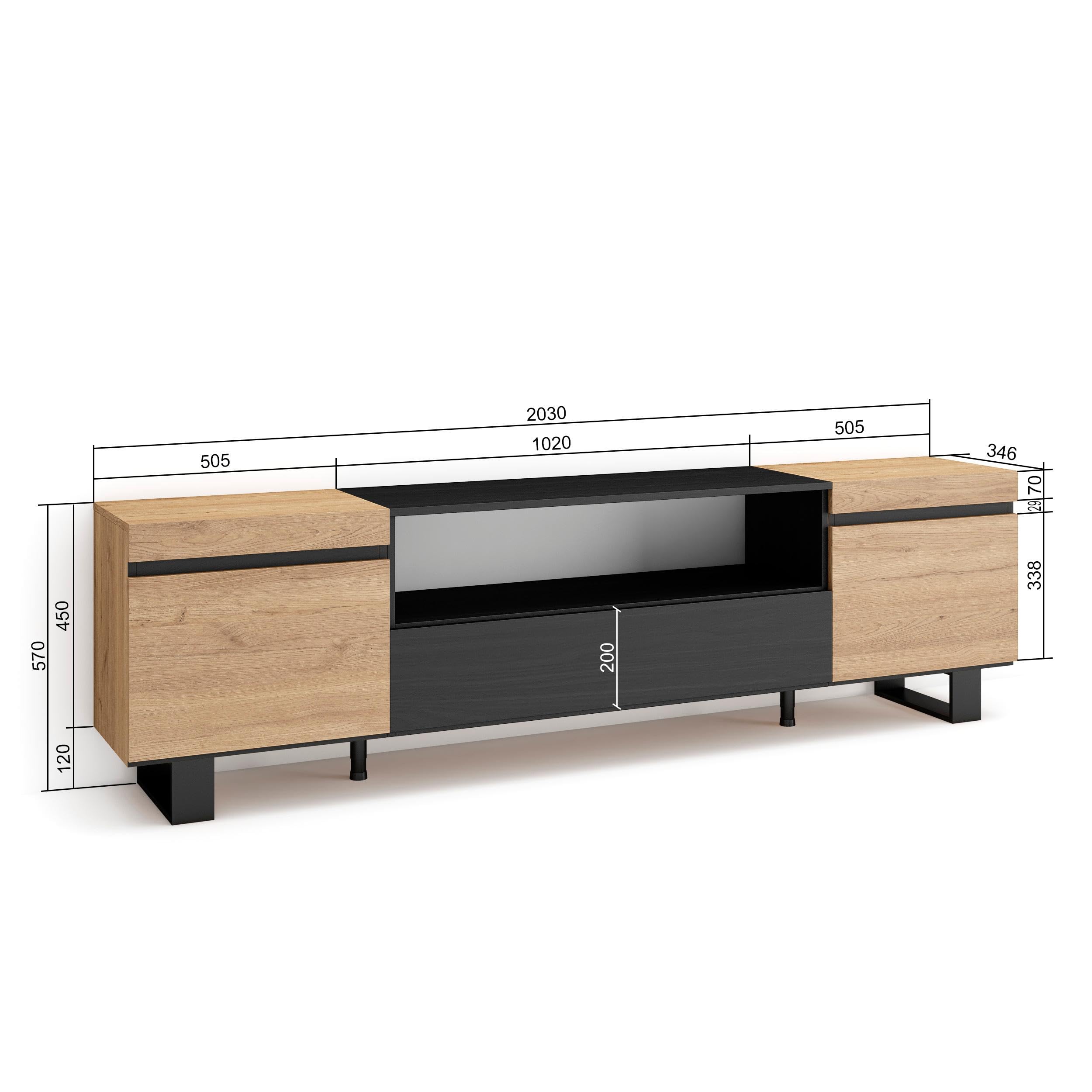 Skraut Home | Mueble TV | Televisión | Muebles de salón, almacenaje | 200x57x35cm | para TV hasta 80" | Diseño Industrial | Estilo Moderno | Roble y Negro