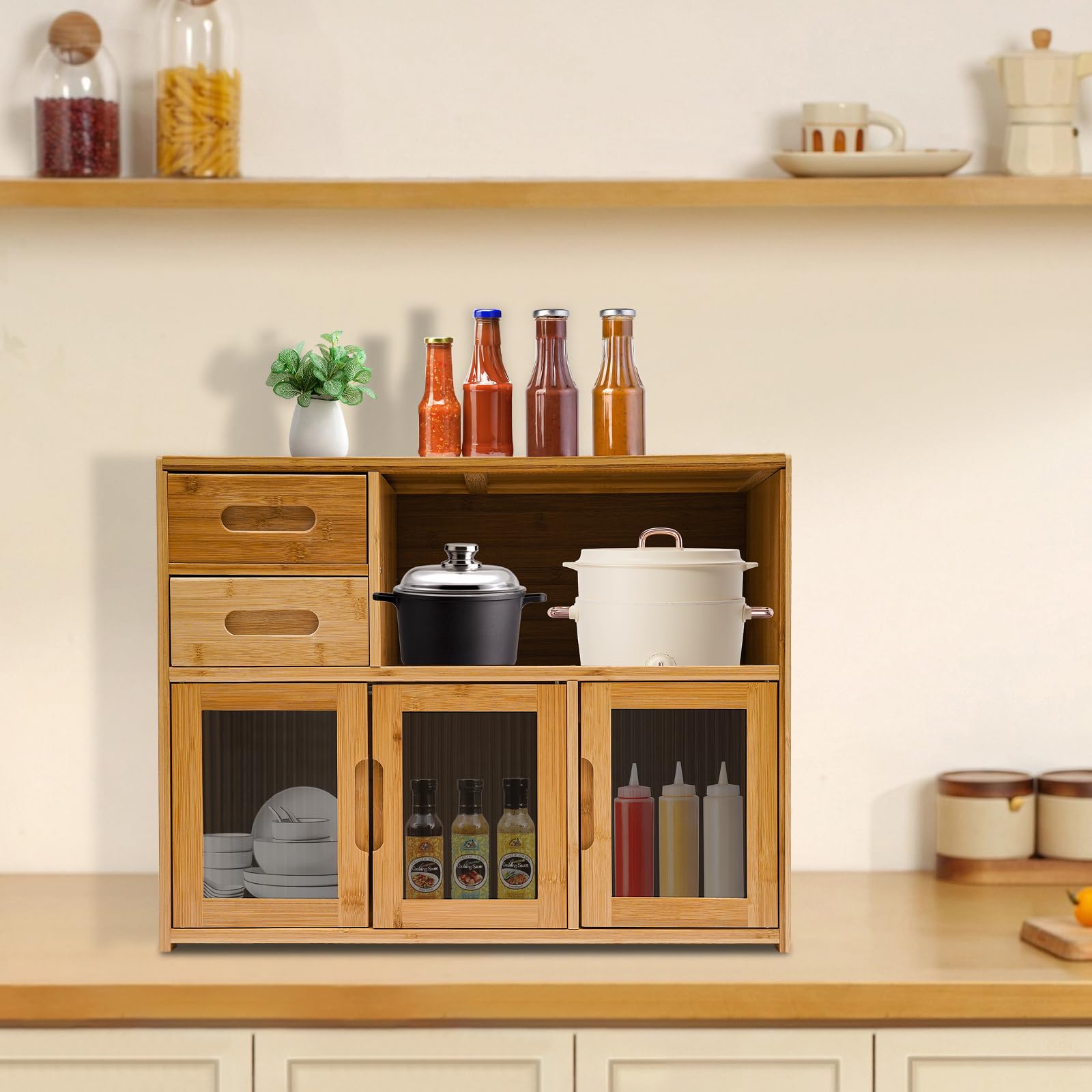 Bamboo Kitchen Countertop Cabinet With Clear Striped Glass Doors – Pantry Sideboard Storage