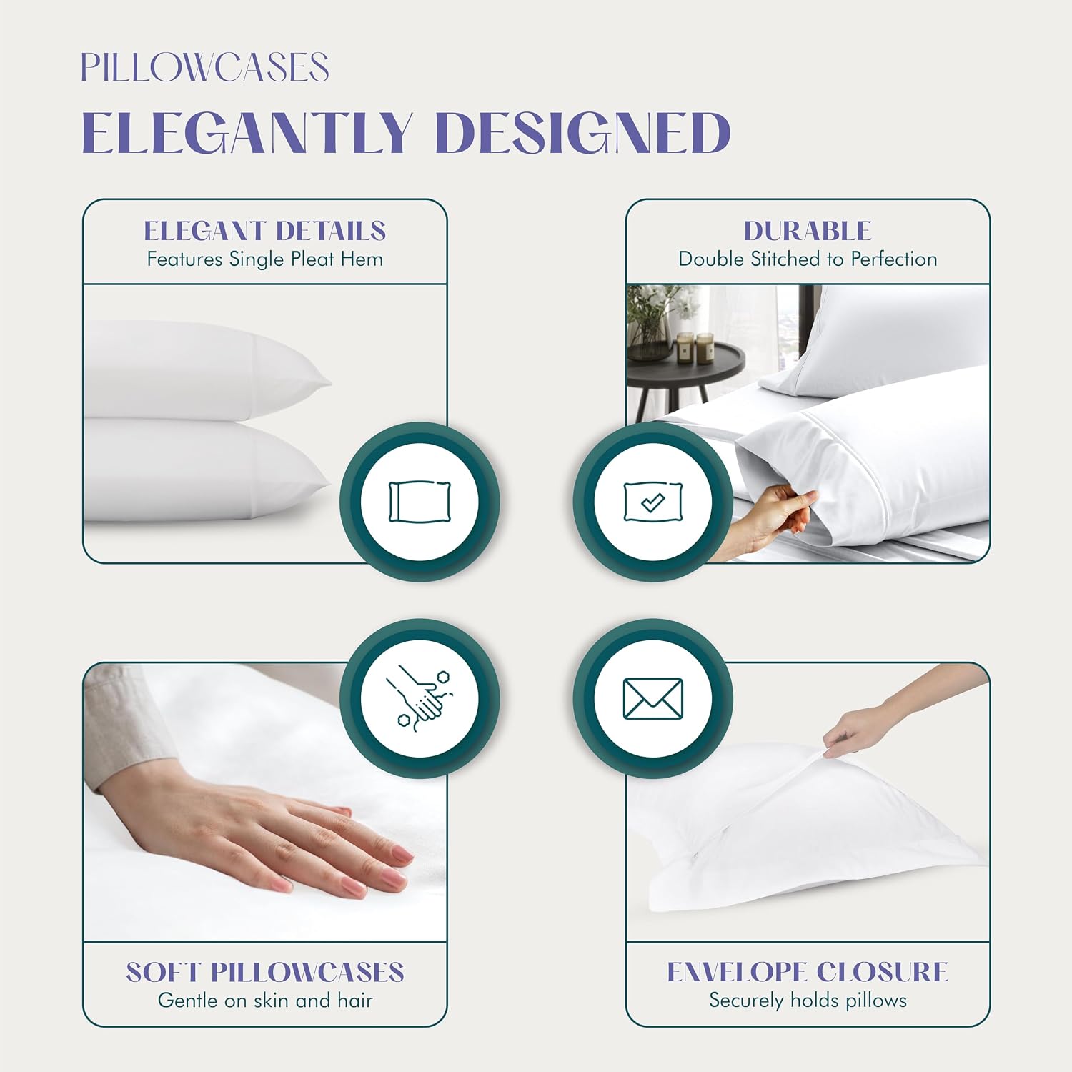 XOOX Linen 100% Egyptian Cotton Queen Pillow Cases Set of 2 - Luxury 1500 High Thread Count Light Blue Cotton Pillowcases Standard/Queen Size, Soft, Cooling, Breathable Hotel Quality Pillow Cover