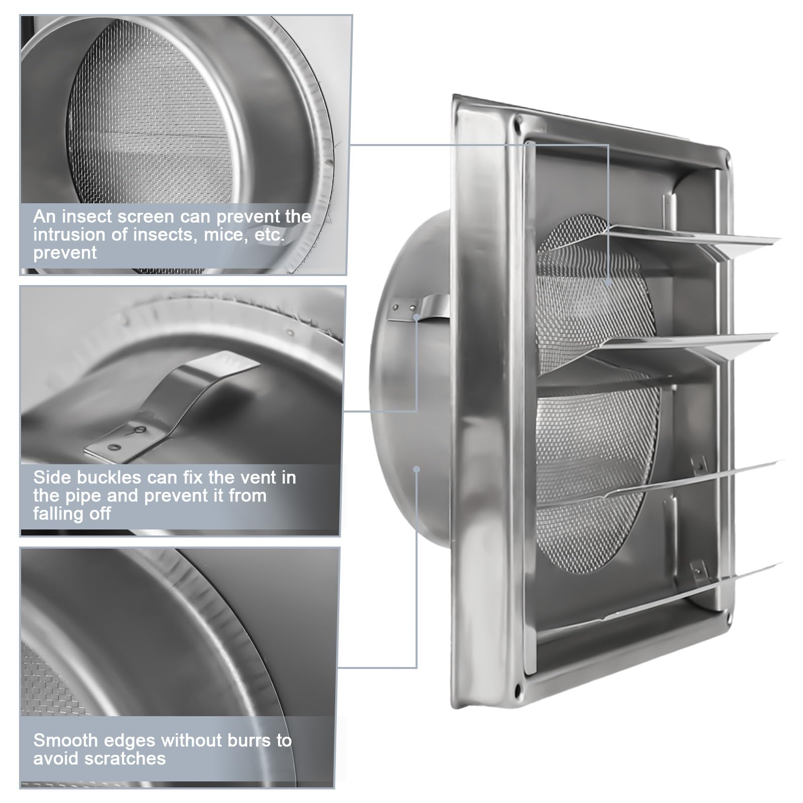 XTDMJ Ventilatierooster van 125 mm roestvrij staal met terugslagklep, beweegbare lamellen, insectenwerend rooster, VMC-buis en afdekking afzuigkap voor buiten met rubberen afdichting en schroeven