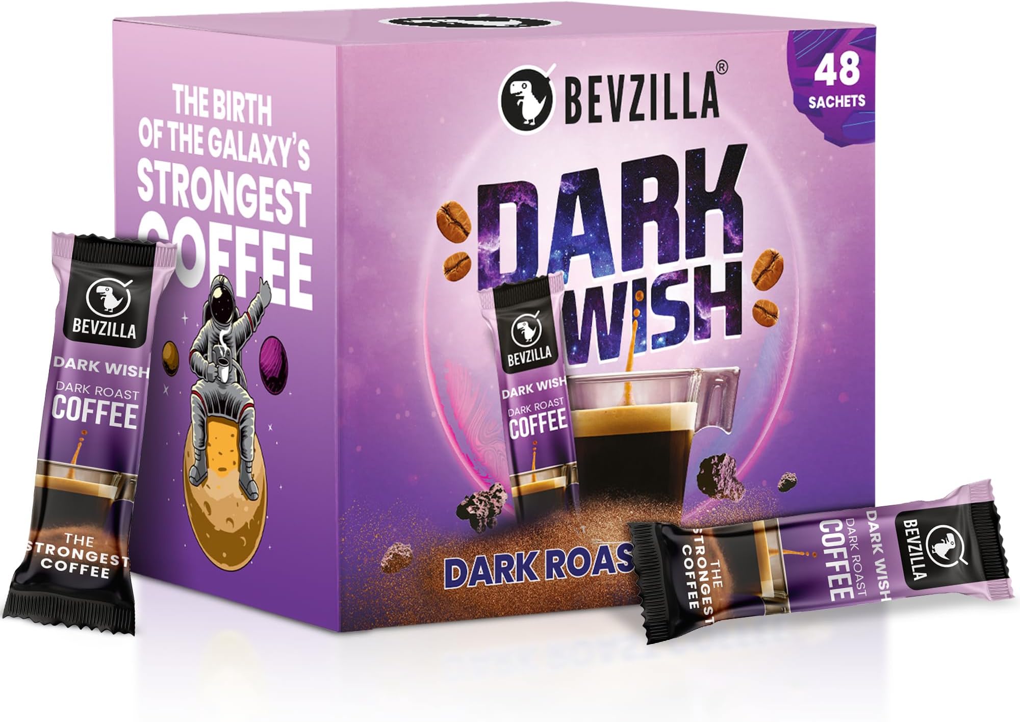 Bevzilla 48 Black Roast Dark Instant Coffee Powder Sachets/Pouches- 96 Grams(Dark Wish Coffee) | Dark Roast Arabica Coffee | Bold & Intense