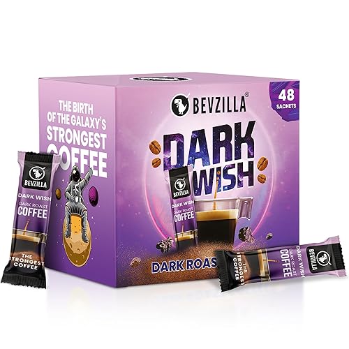 Bevzilla Dark Wish - Café en polvo fuerte tostado oscuro, caja de 48 bolsitas, café instantáneo, café más fuerte, expreso, capuchino, café con