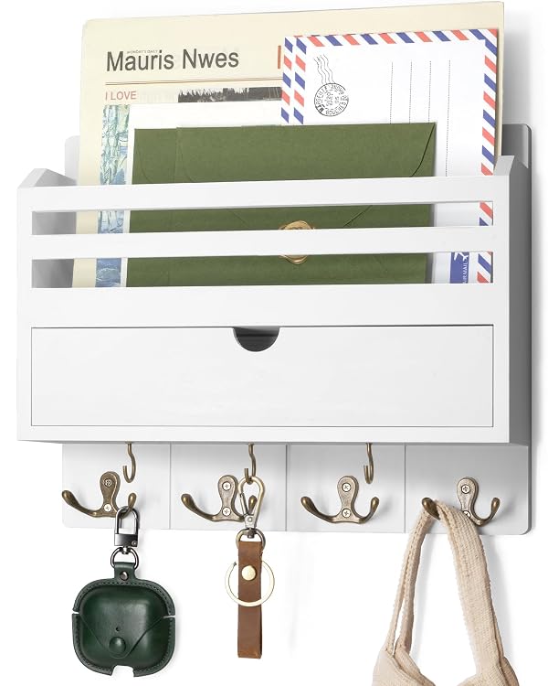 Rebee Vision Decorative Mail Organizer Wall Mount - Modern Key and Mail Holder for Wall with Drawer Organizer and 7 Key Hooks - Wall Decor Living Room for Apartment Essentials (White) by Rebee Vision - Used condition - US$31.33