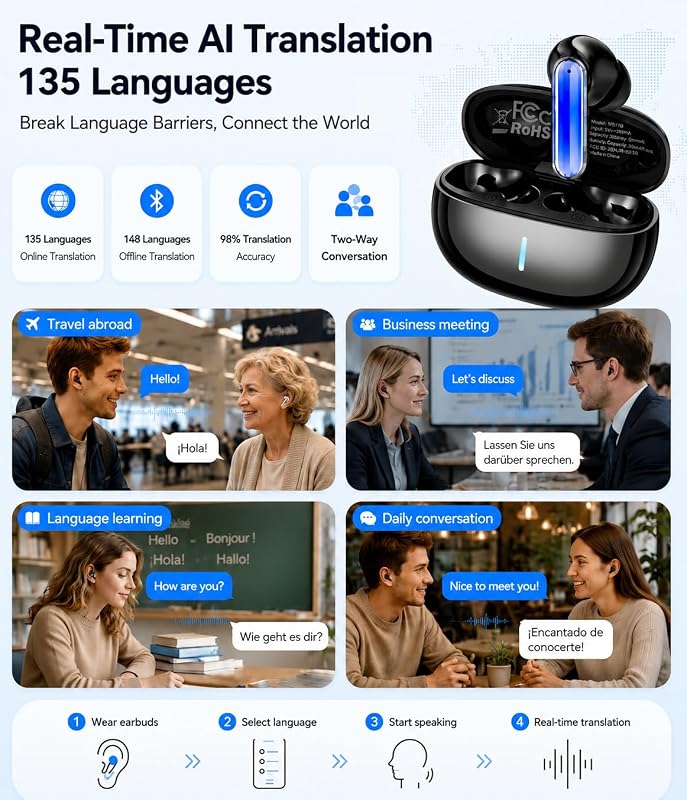 BNARQP MS110 AI Translation Earbuds, Bluetooth Translator Earbuds with App, 40H Playtime with Charging Case, IPX5 Water-Resistant Wireless Earbuds for Travel, Meetings & Language Learning image 3