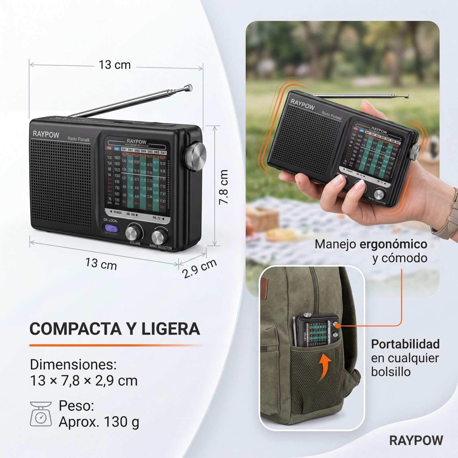 Tragbares Radio, 9-Band-FM-/AM-/SW1~SW7-Transistorradio, tragbare Tasche, funktioniert mit 2 AA-Batterien, kleines FM-Radio, starker Lautsprecher, drinnen und draußen, Schwarz