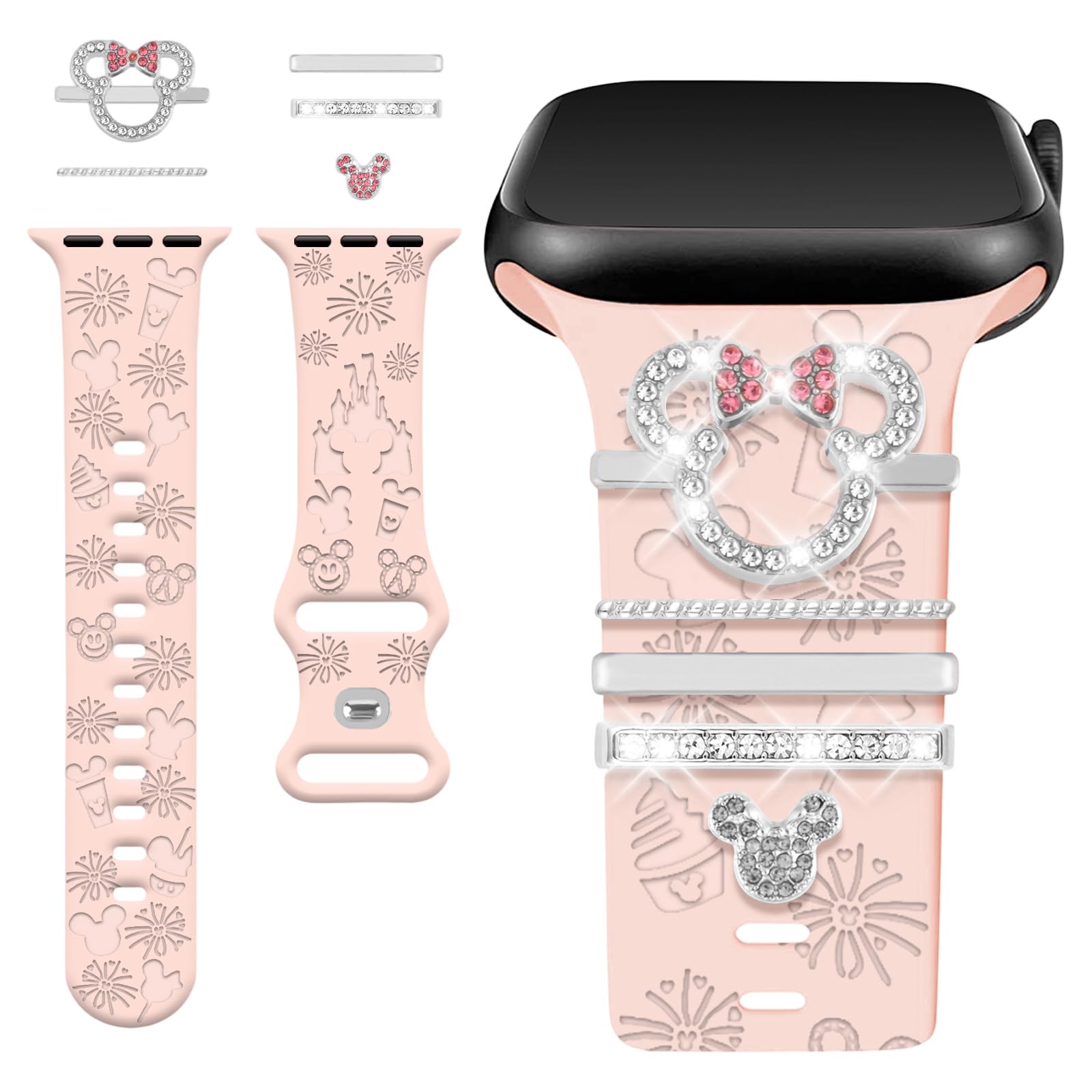 Cute Cartoon Engraved Band with Charms for Apple Watch Series | Silicone,Sport Strap,Decorative Ring,Women,For Apple Watch 38/40/41/42/44/45/46/49mm iWatch S11 10 9 8 7 6 5 4 3 2 1 SE Ultra Pink Band+Silver Charm 38/40/41/42mm(series 10)