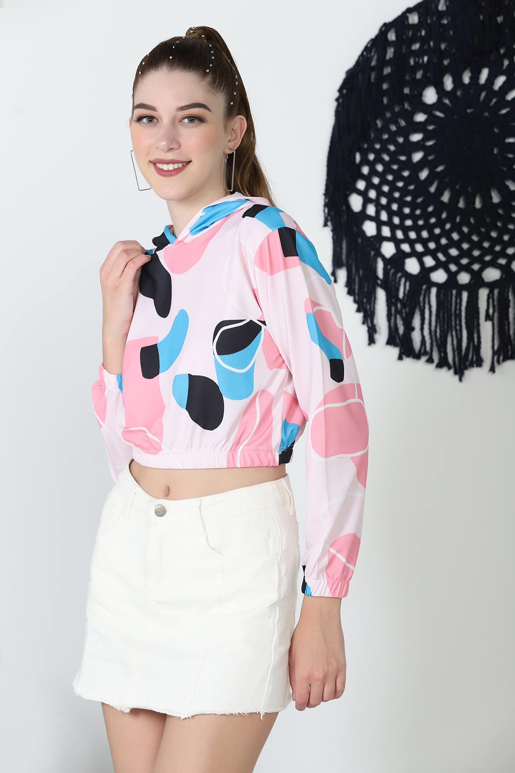 Leriya Fashion Felpa con cappuccio con stampa tie dye a maniche lunghe con coulisse pullover top casual allentato per le donne top