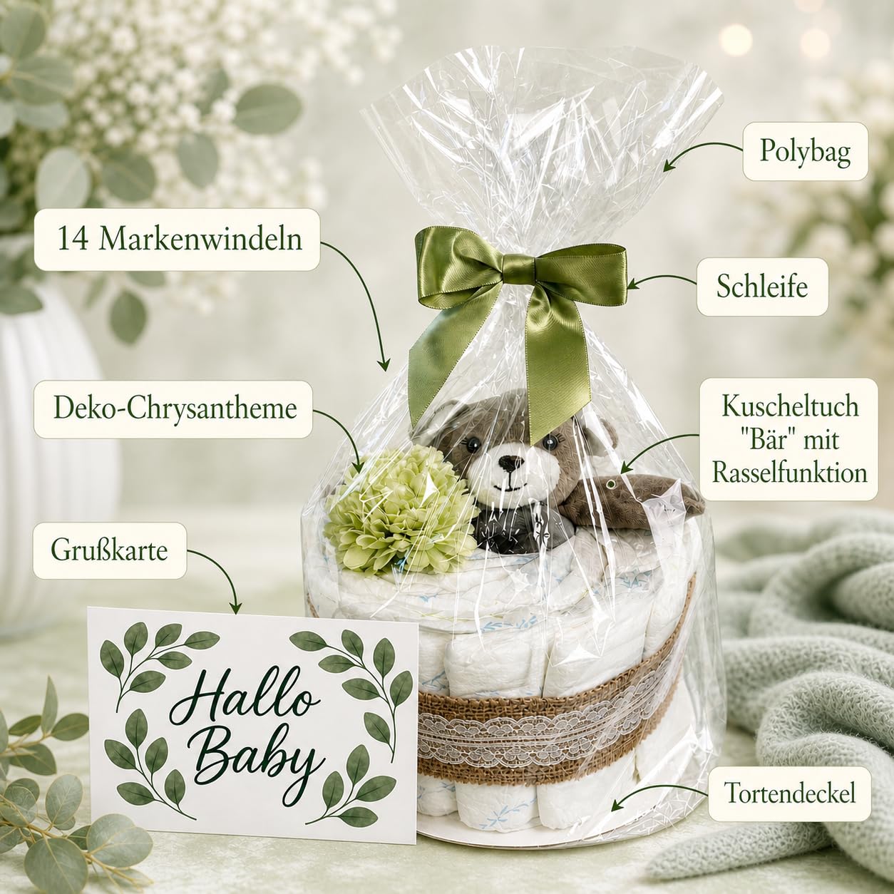 Windeltorte neutral zur Geburt | Geschenkset für Baby & Eltern | 14 Markenwindeln Größe 2 | Kuscheltuch „Bär“ mit Rasselfunktion | Grußkarte „Hallo Baby“ | liebevoll handgemacht in Deutschland