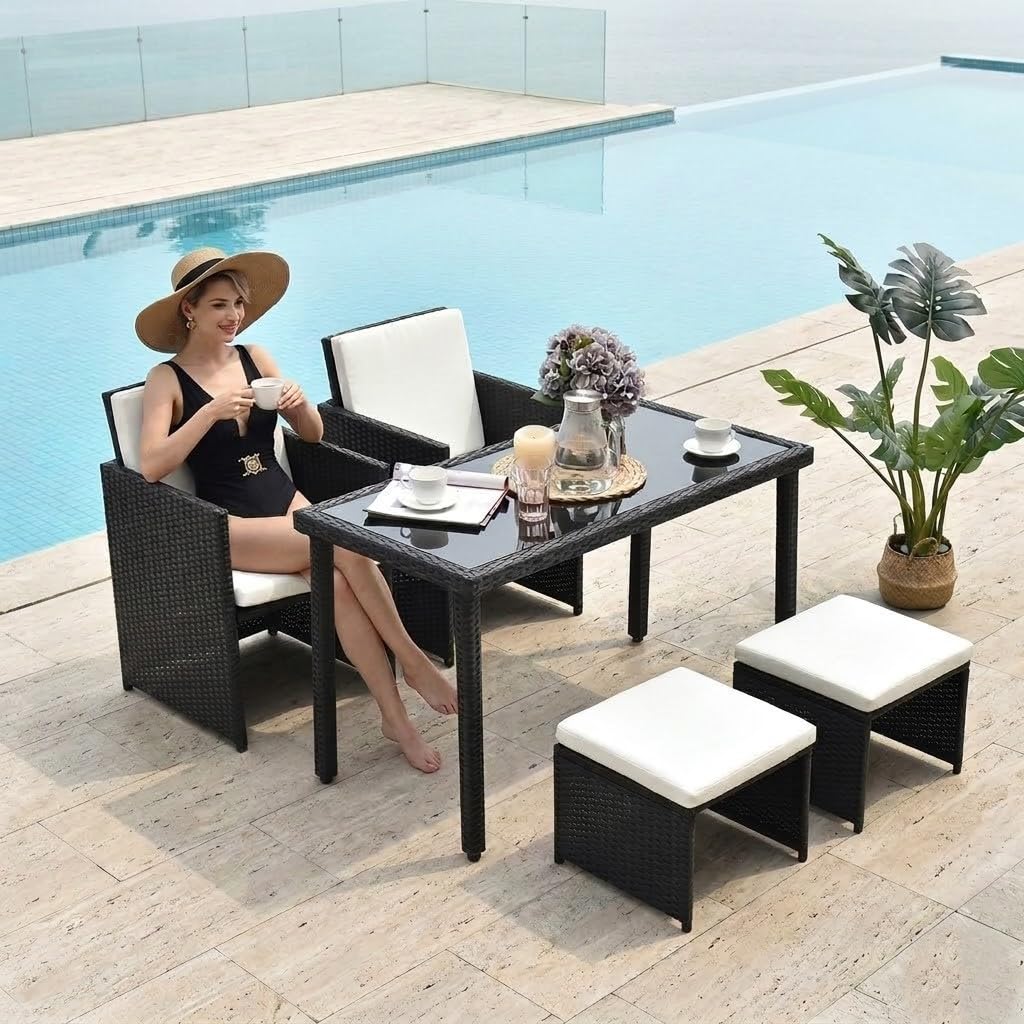 LOCCUS 5-Piece Outdoor Dining Set – Rattan Wicker Patio Furniture with Round Table & Cushioned Chairs – Weather-Resistant Garden Bistro Set (Black & White)-image-3