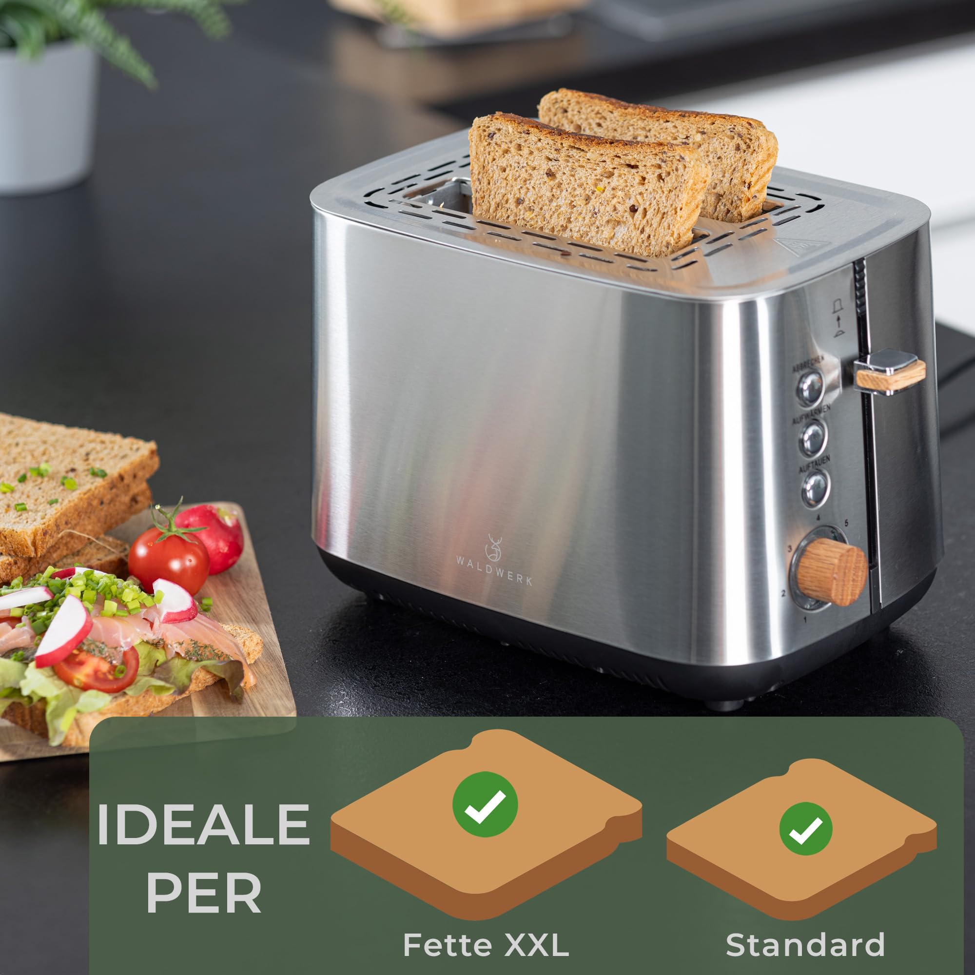 WALDWERK Tostapane di Design – in acciaio inox 304 e legno di quercia – per 2 fette – con supporto per panini – con camere di tostatura extra larghe e profonde – con cassetto raccogli-briciole