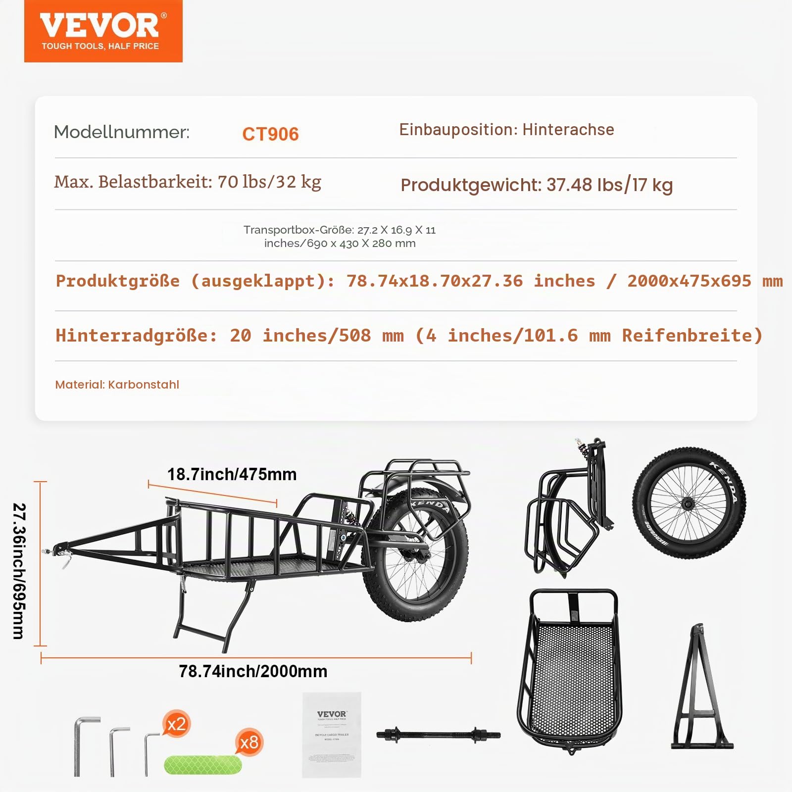 VEVOR Fahrrad-Lastenanhänger, 31,8 kg/125 kg Tragfähigkeit, robuster Fahrradwagen, Schnellentriegelungsstruktur mit Universalkupplung, 50,8 cm Räder, passend für die meisten Fahrradräder, Rahmen aus