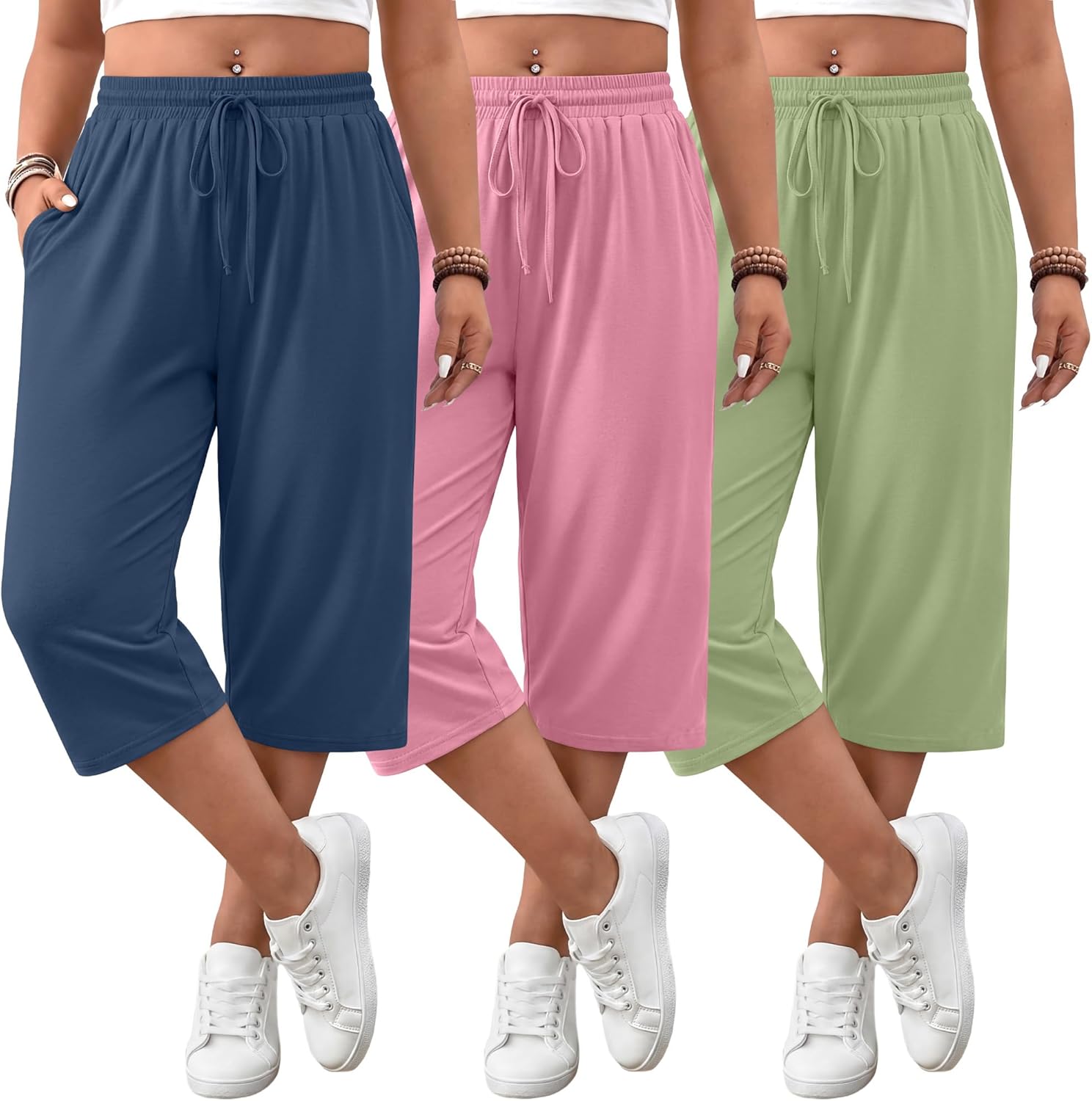 Huukeay 3 Pack Women's Plus Size Capris Wide Leg Yoga Capri Sweatpants Drawstring Loose Fit Summer Cropped Pants with Pockets