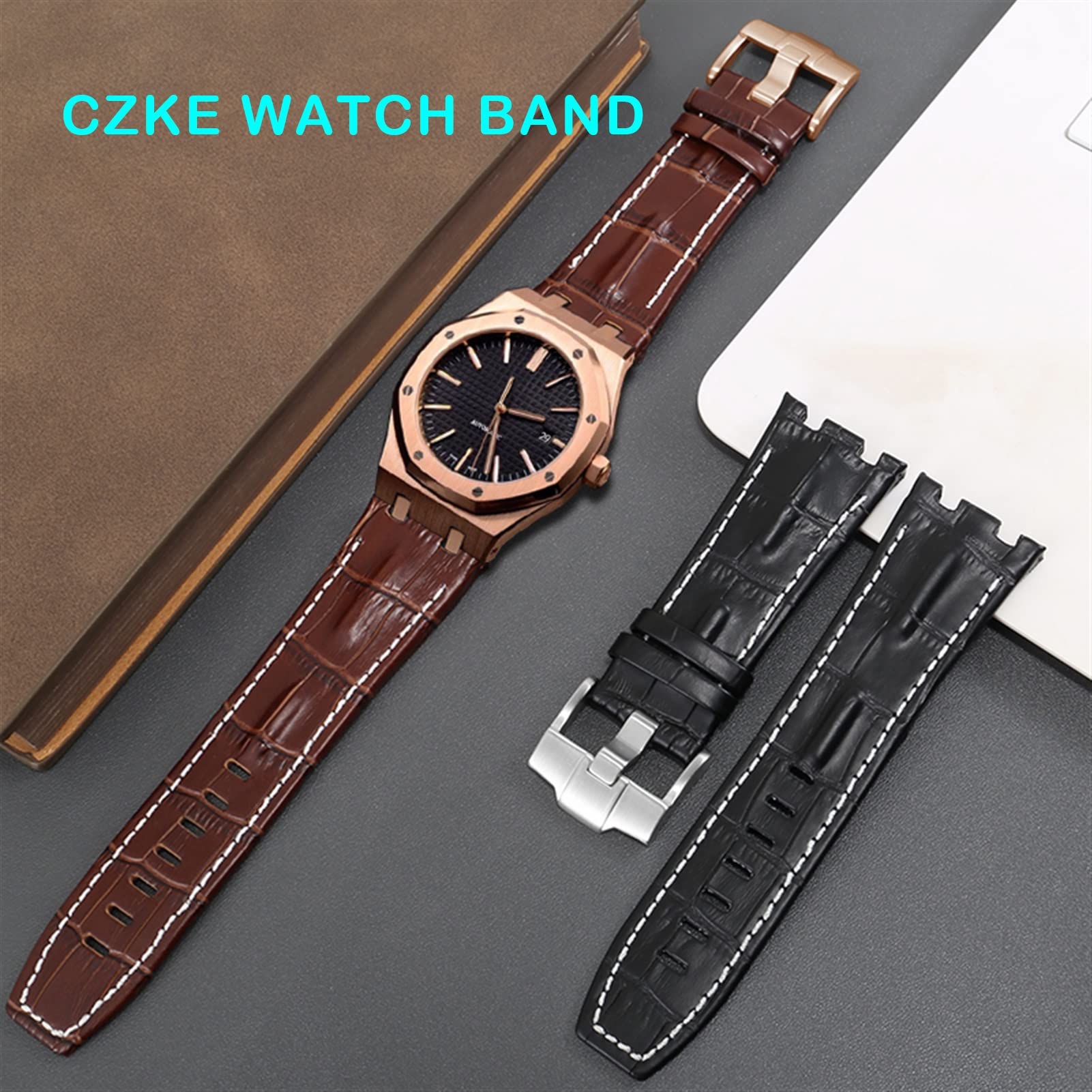 Pasek do zegarka z prawdziwej skóry do AP 15703 Royal Oak Offshore Series 28 mm paski do zegarków krokodyla (kolor: niebieski biało-różowe złoto, rozmiar: 28 mm)