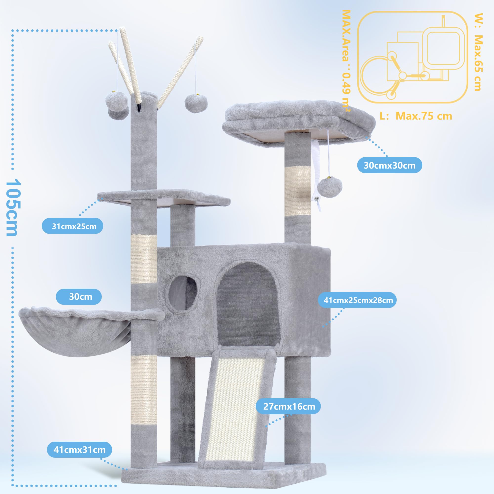 Hey-brother Tiragraffi per Gatti, con Pompon rimovibili, Cuccia, MPJ008SW | 100cm Albero per Gatti, Cesta Sospesa, Piattaforma, Rampa graffiante, Ideale per gattini da interno, Grigio Chiaro