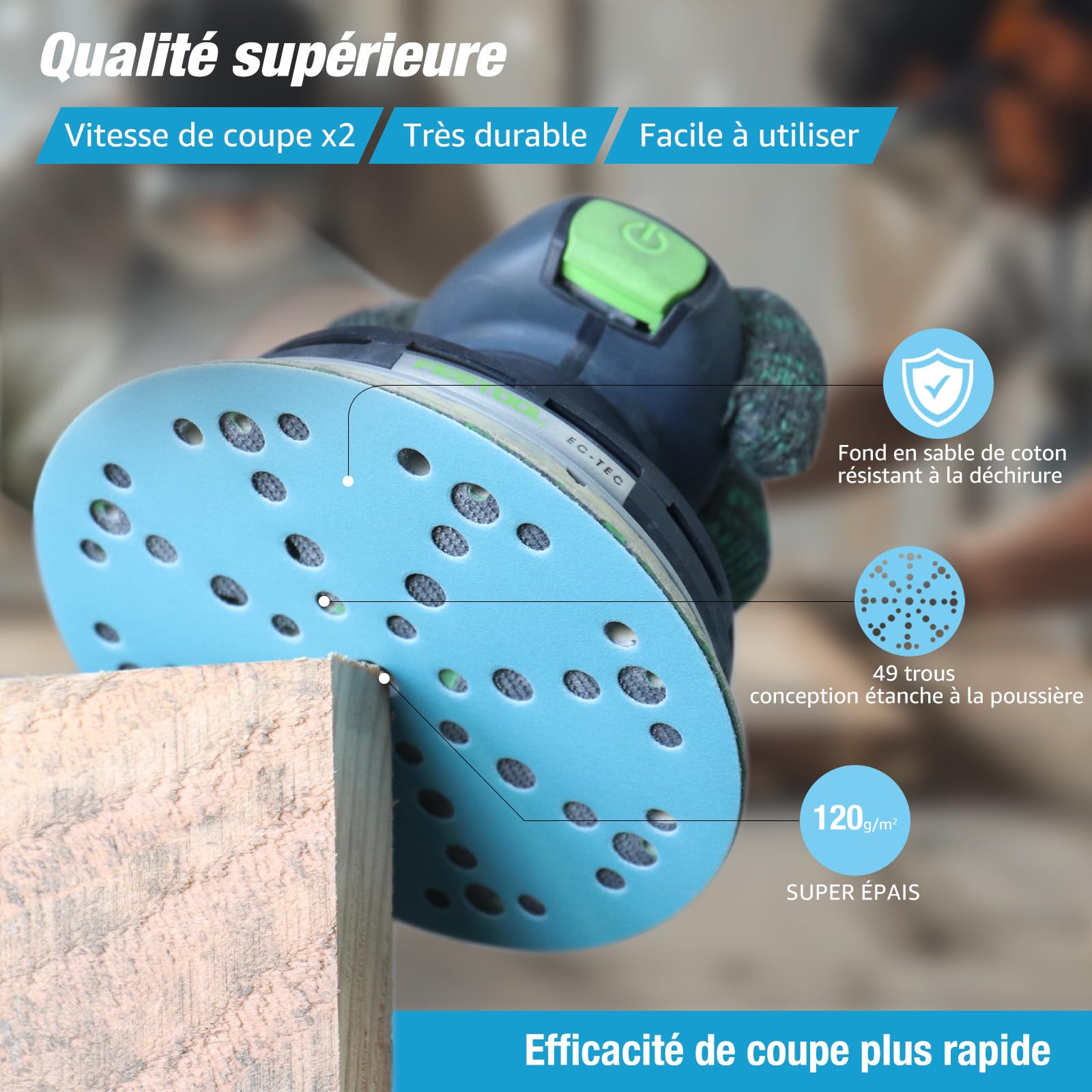 Disques Abrasifs 150mm 49 Trous Grain 40 Céramique Bleu Papier à Poncer Anti-Poussière Dos Disque de ponçage pour dépoussiérage bois métal voiture