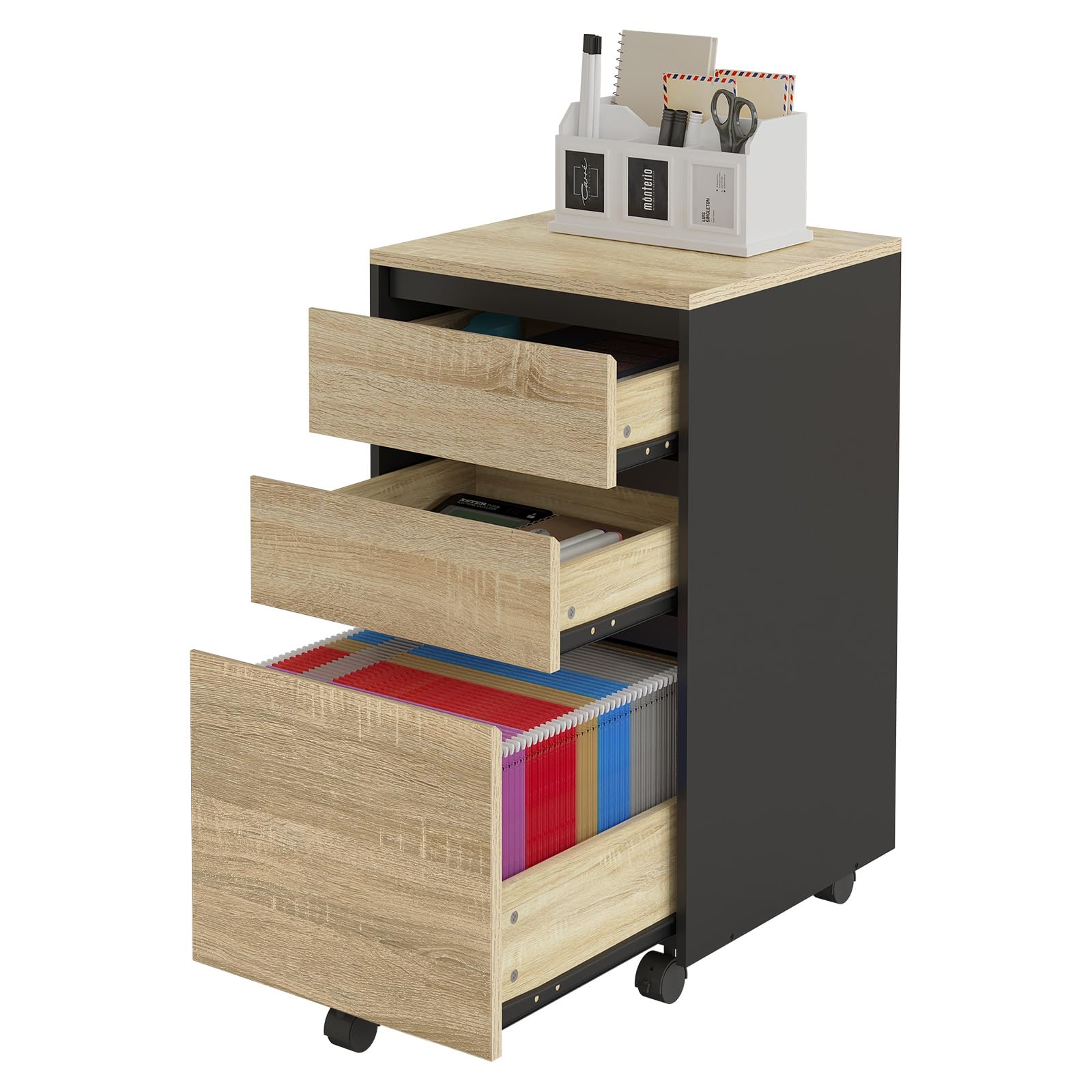 WOLTU mobiler Aktenschrank, Schrank für Aktenordner, Aufbewahrungsschrank im Büro, Büroschrank mit Rollen, Rollcontainer mit 3 Schubladen, helle Eiche schwarz, 40x71.5x40cm, ASK01hei