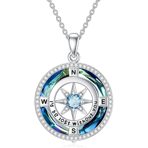 TOUPOP Birthstone Necklace Sterling Silver I'd be Lost without You Compass Pendant Necklaces with Crystal Women Birthday Anniversary Christmas Jewelry Gifts for Her Wife Grilfriend Mom Daughter
