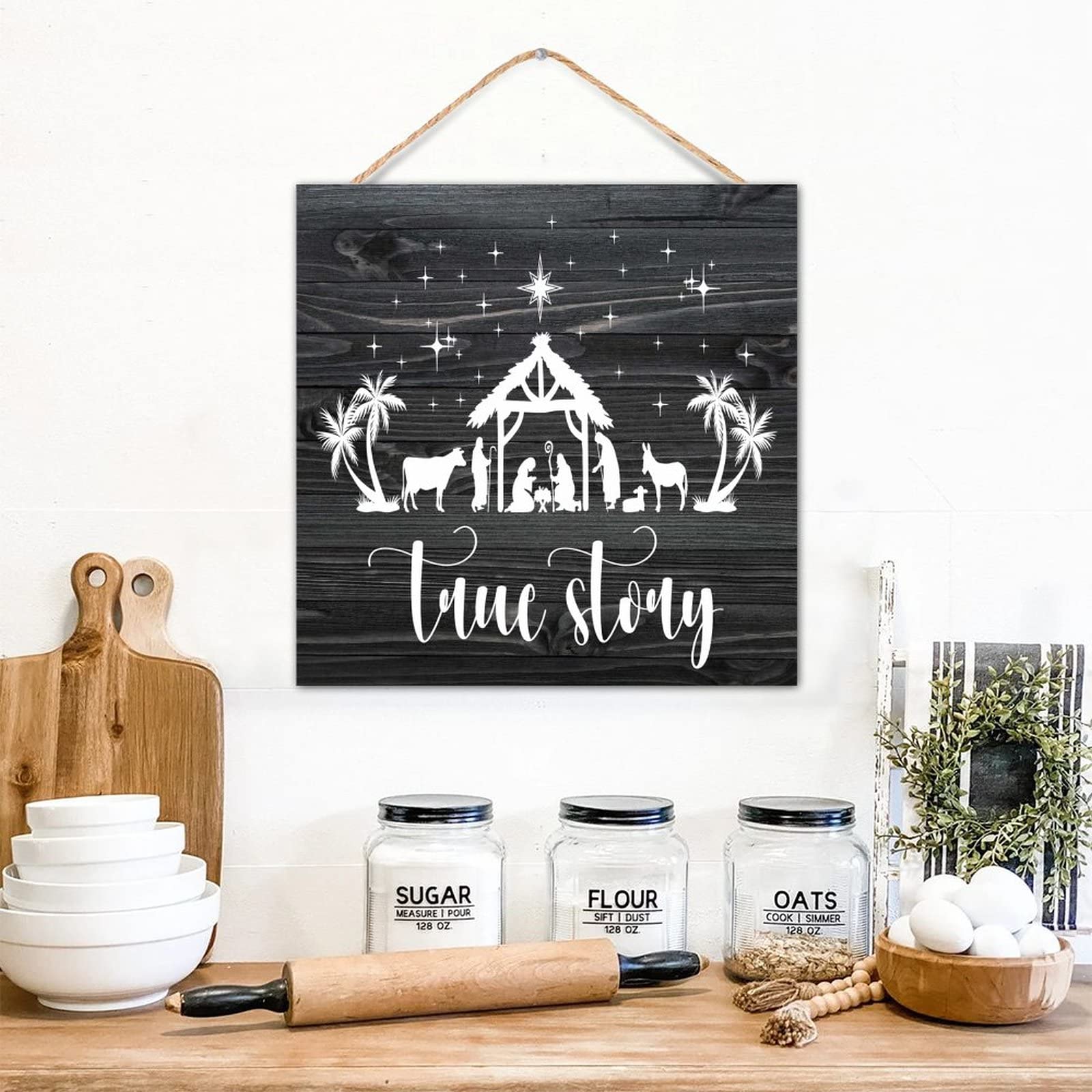 Plaque murale en bois True Story de la naissance de Jésus pour décoration moderne 30x30 cm