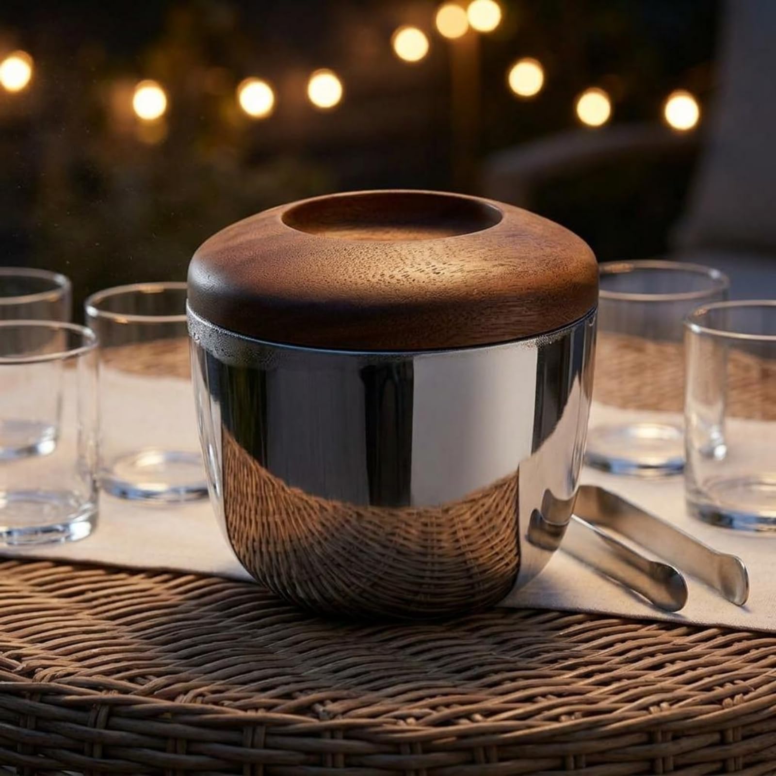 KESOTO Cubitera de Acero Inoxidable 304 con Tapa Cubo de Hielo con Pinzas Contenedor para Servicio de Bebidas Diseño Decorativo con Tapa de Aspecto Madera Adecuada para Barras Cenas Sala de Estar