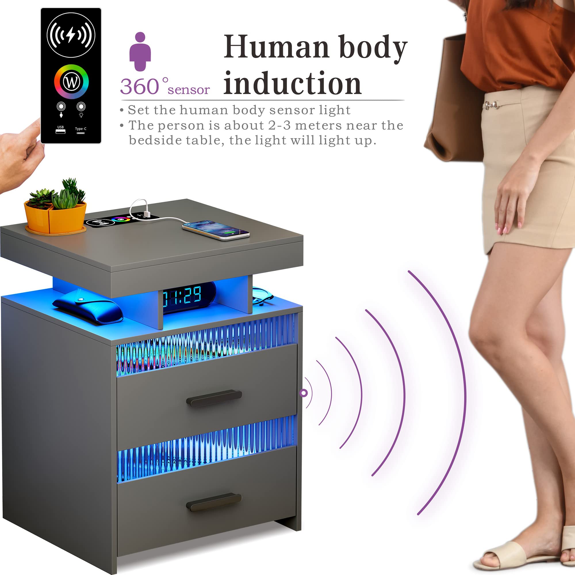 Grey Night Stand with Charging Station: All in One Nightstand with