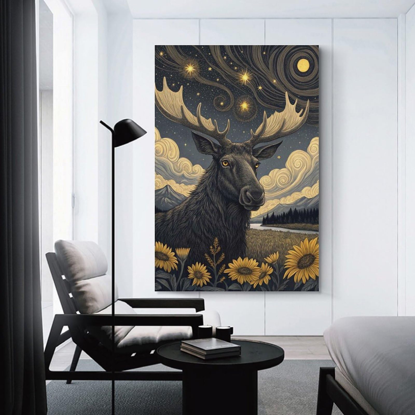 Junmoney Hanging Wall Art Moose Under A Starry Sky, 20x30inch(50x75cm), for Work Areas, Reading Rooms Or Studios, Wall Art That Adds Style to Work Areas