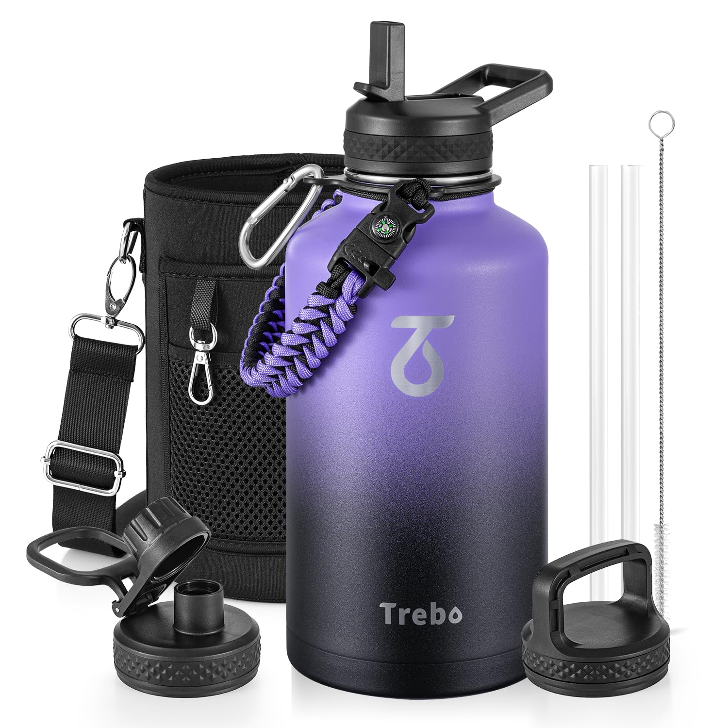 Trebo Borraccia Termica, Borraccia con Cannuccia Borraccia acciaio inox fredda per 48 ore Borraccia Termica Bottiglia in Metallo con Manico in Paracord, 1893 ml, Nero Viola