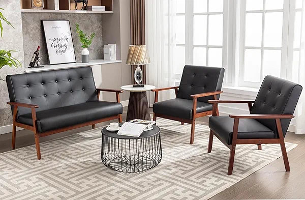 JIASTING Mid Century 1 Loveseat Sofa and 2 Accent Chairs Set Modern Wood Arm Couch and Chair Living Room Furniture Sets (8428 Black Set)