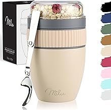 Milu Muesli Mug 400 ml I Cup with Spoon I Stainless Steel Waterproof and Insulated I Cup to Go Yogurt Porridge (Beige)