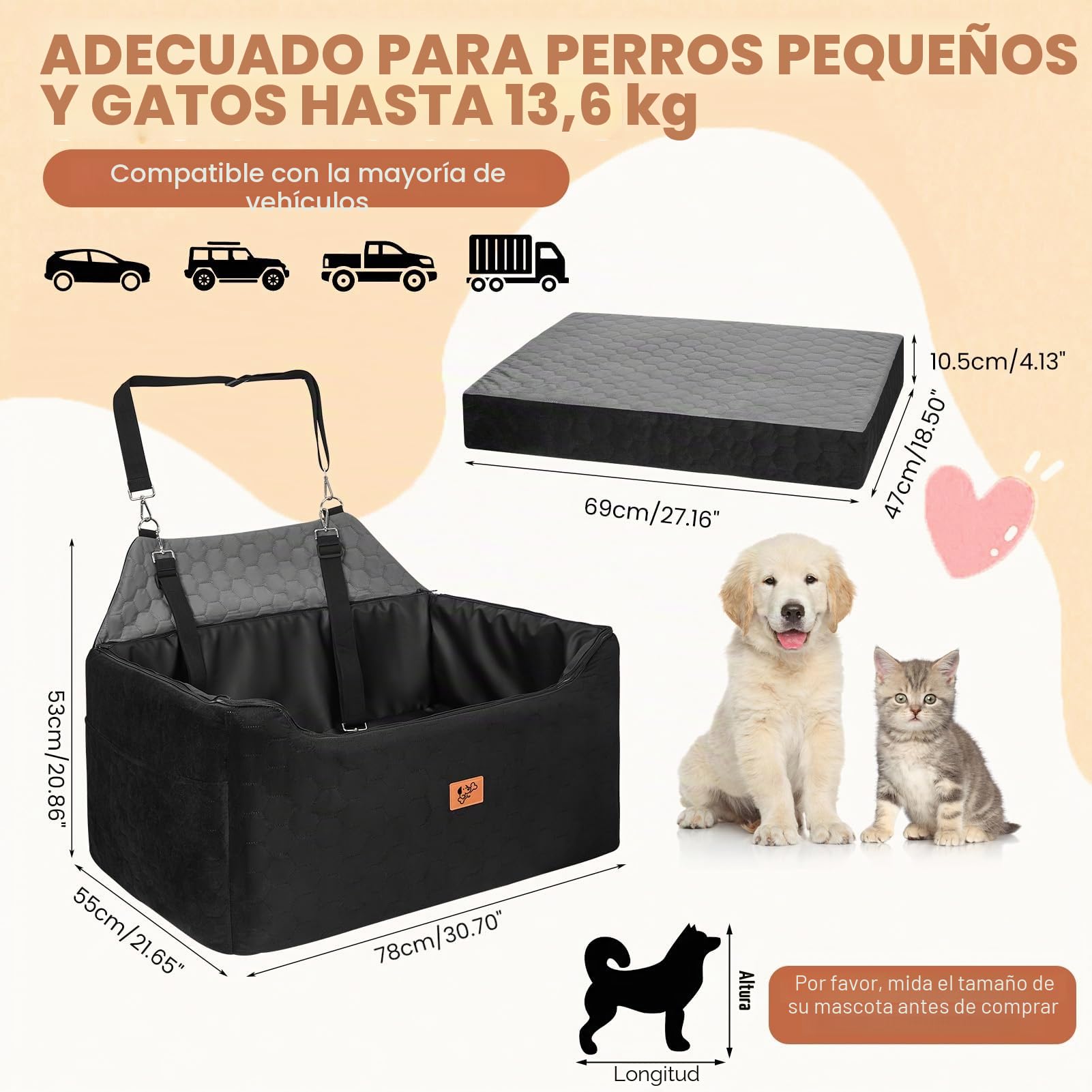Asiento Perro Coche, Extra Estable Cama Perro Coche con Espuma Viscoelástica, Funda Lavable y Cinturón de Seguridad, Asiento Coche Perros Medianos y Grandes de hasta 55 kg, 78x55x53 cm