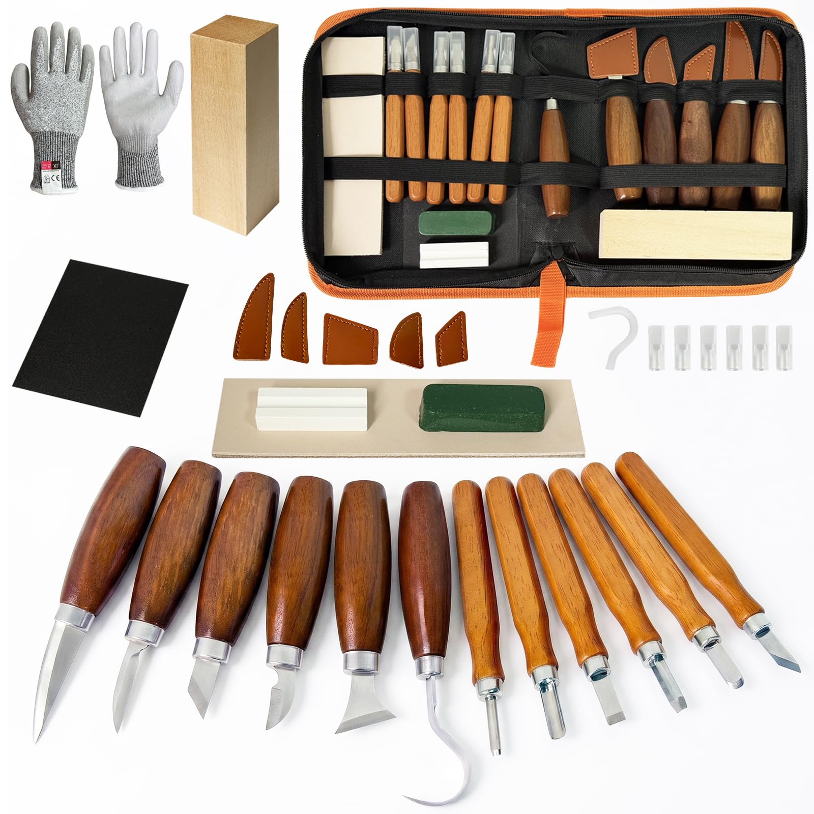 Ciseaux à Bois, 30 in 1 avec 12 couteaux à sculpter, gants résistants aux coupures, papier givré, pierres à aiguiser et étui de protection en cuir, outil de sculpture sur bois pour