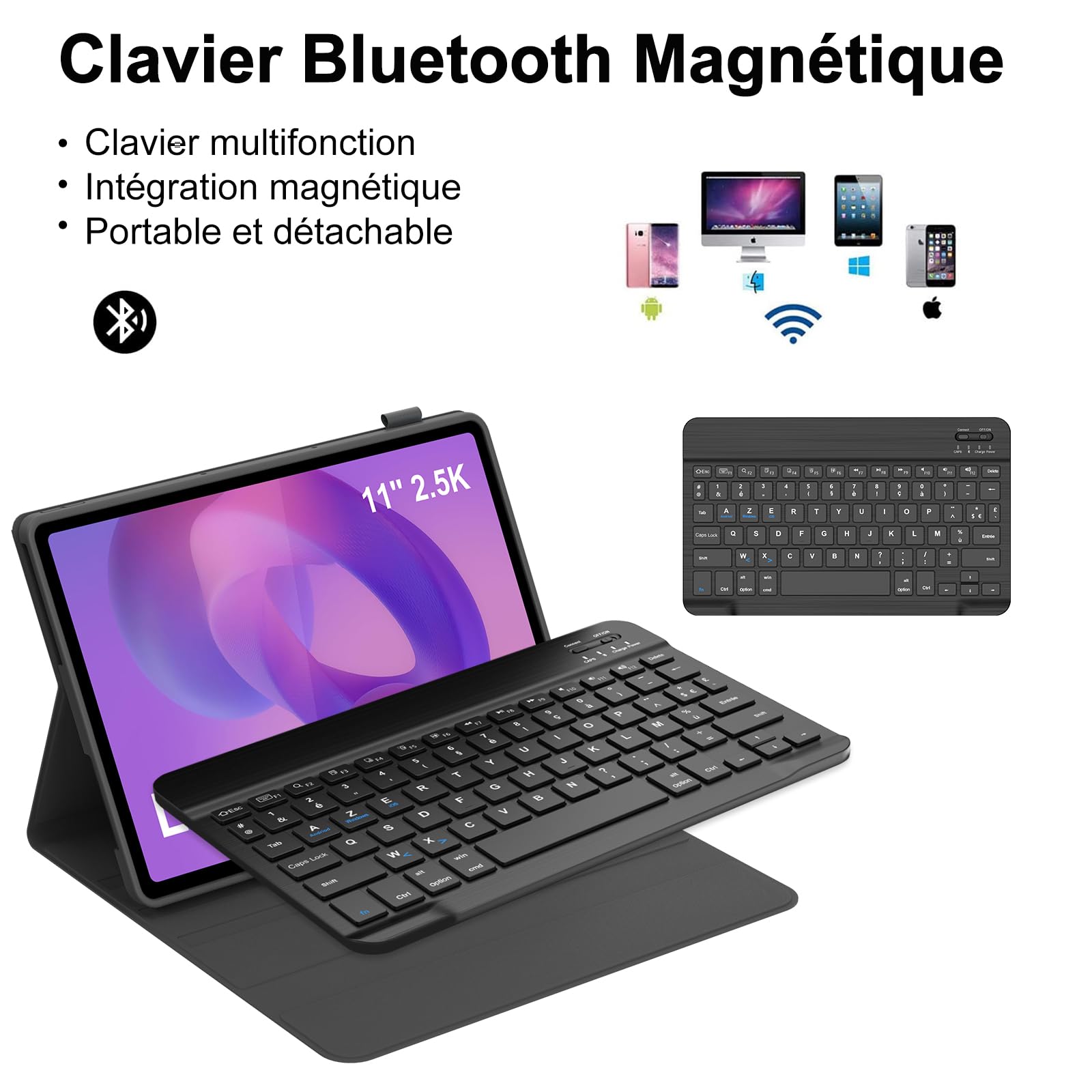 Coque Clavier pour Lenovo Idea Tab 11 Pouces, AZERTY Français Housse Clavier Bluetooth Magnétique Détachable avec Porte Crayon pour Tablette Lenovo Idea Tab 11" 2025 (TB336FU/TB336ZU), Noir