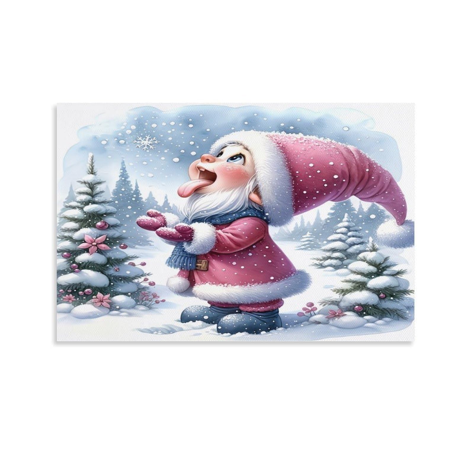 CPLVKWRQJ Snowy Christmas Elf Single Piece Cute Pink Gnome Catching Falling Snowflakes Canvas Wall Decor - Office Canvas Print Fade Resistant Wall Focal Art Decor 24x36inch(60x90cm)
