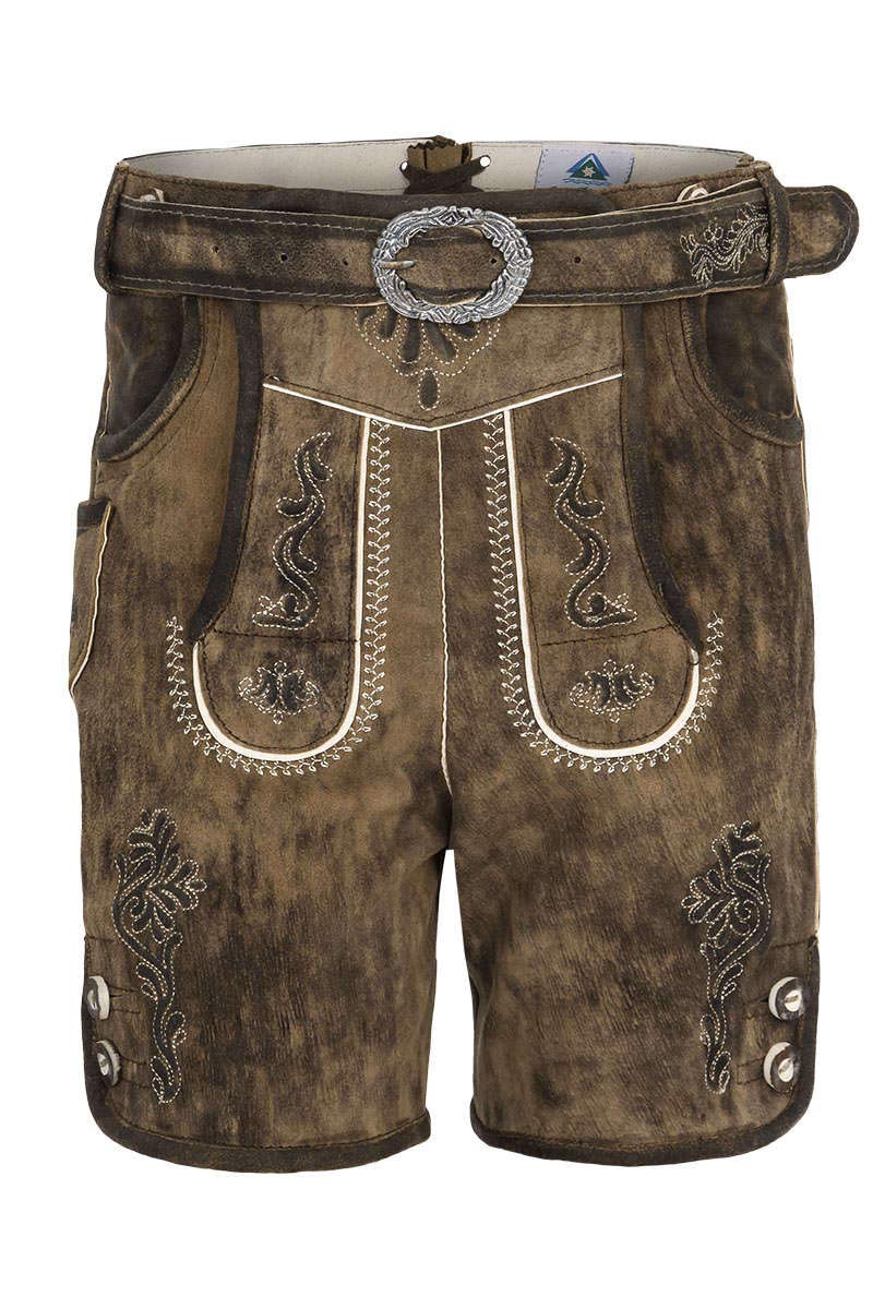 Isar-Trachten Jungen Kinderlederhose kurz mit Gürtel Eiche braun Bestickt, Eiche (braun) m. Gürtel, 158