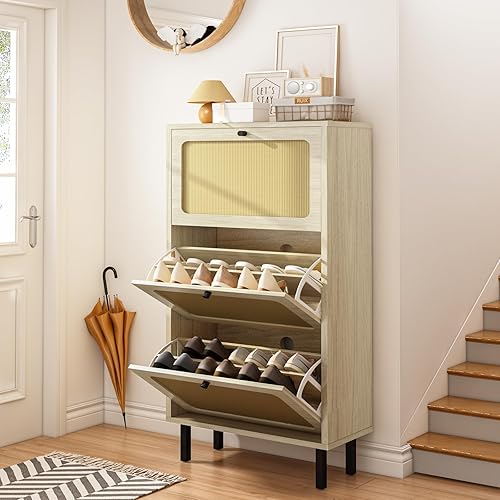 DKLGG Armario de zapatos con 3 cajones abatibles, armario de almacenamiento de zapatos de entrada de ratán, armario de almacenamiento independiente