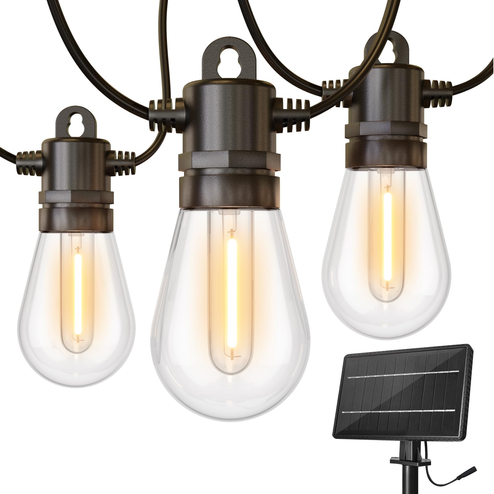 GLUROO Solar String Lights for Outside, 48FT Powered Patio Lights with 15 LED Luces Solares para, IP65 Waterproof for Outdoor Lights 2700K