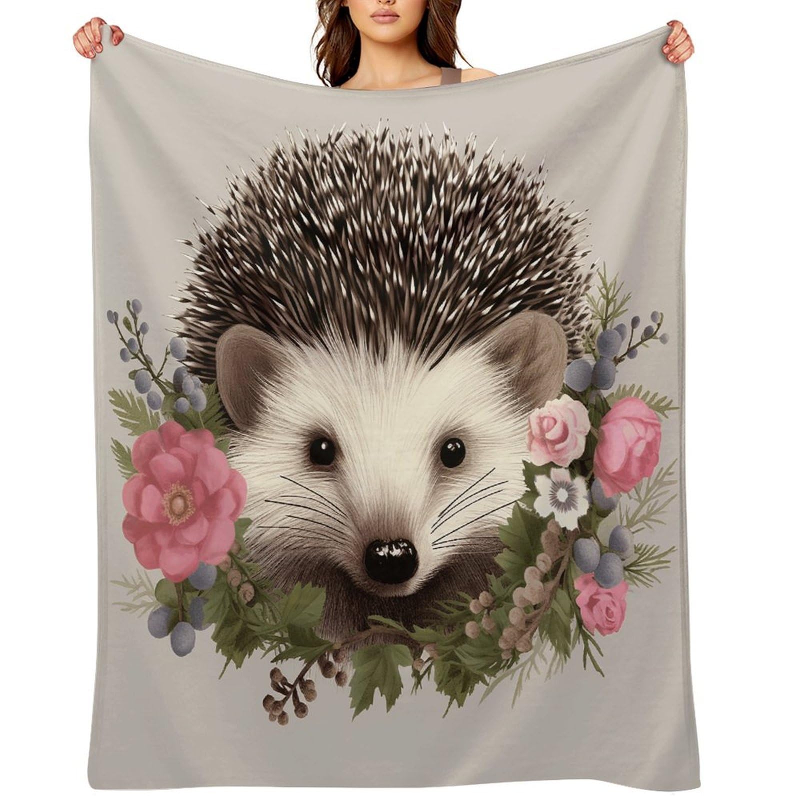 Hedgehog in Floral Wreath Throw Blanket for Couch and Bed Super Soft Warm Lightweight Throw Blankets Cozy Fuzzy Flannel Blanket Personalized Decorative Blankets for Sofa Decor 40"x50"