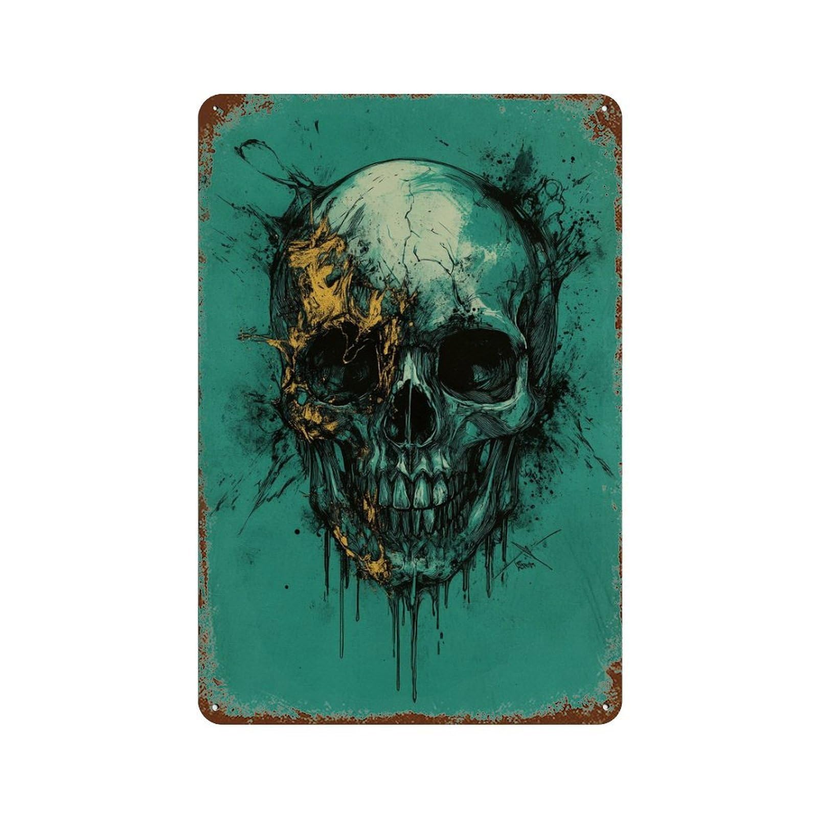 Artistic Skull Painting 11.8"x7.9" Rustic Tin Plaque, Retro Wall Decor for Garage, Bar And Workshop Decor