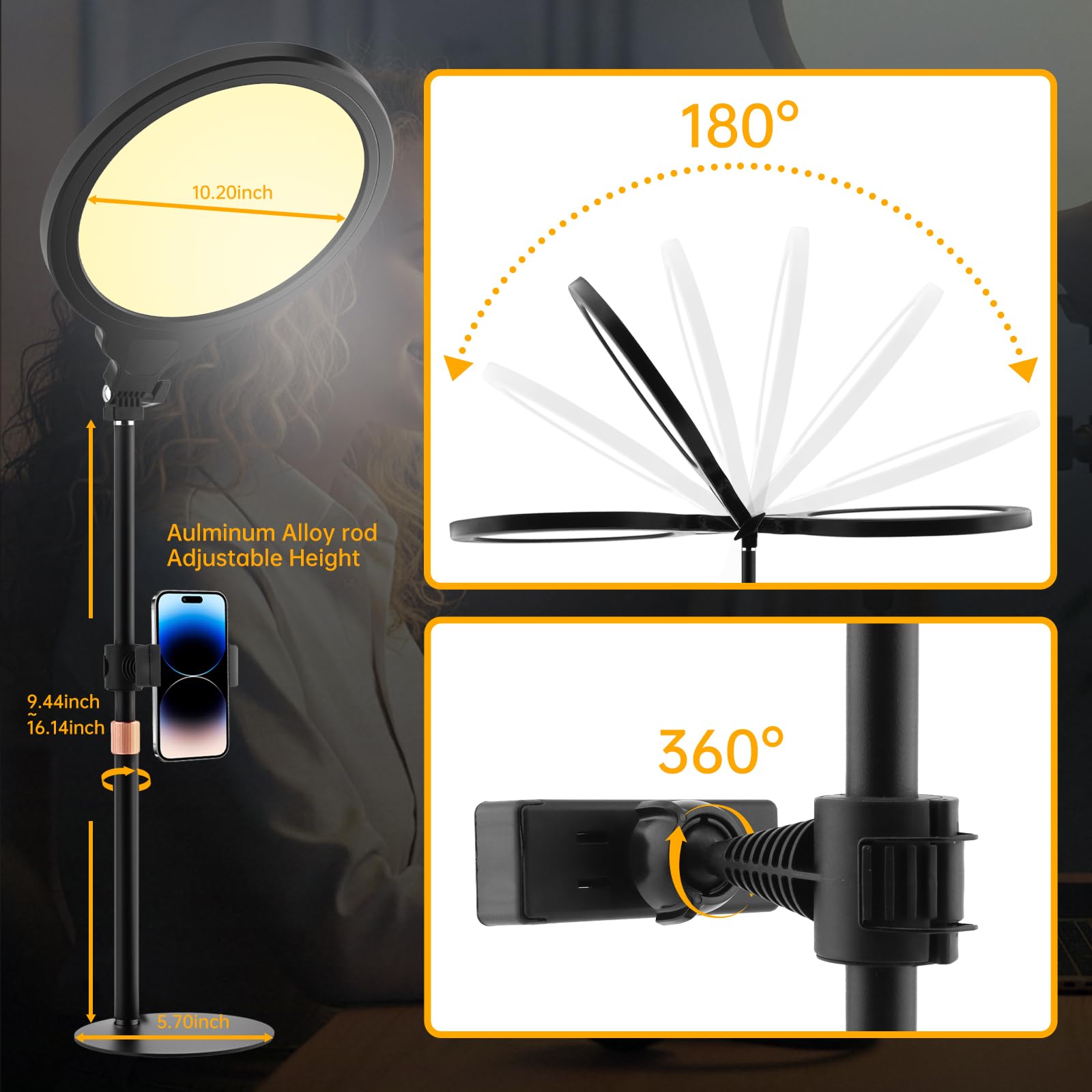 Illuminazione a LED con zoom, 26,7 cm, luce per streaming, regolabile, da scrivania, con supporto per telefono, 30 modalità di illuminazione, lampada da tavolo per videoconferenze, streaming, podcast