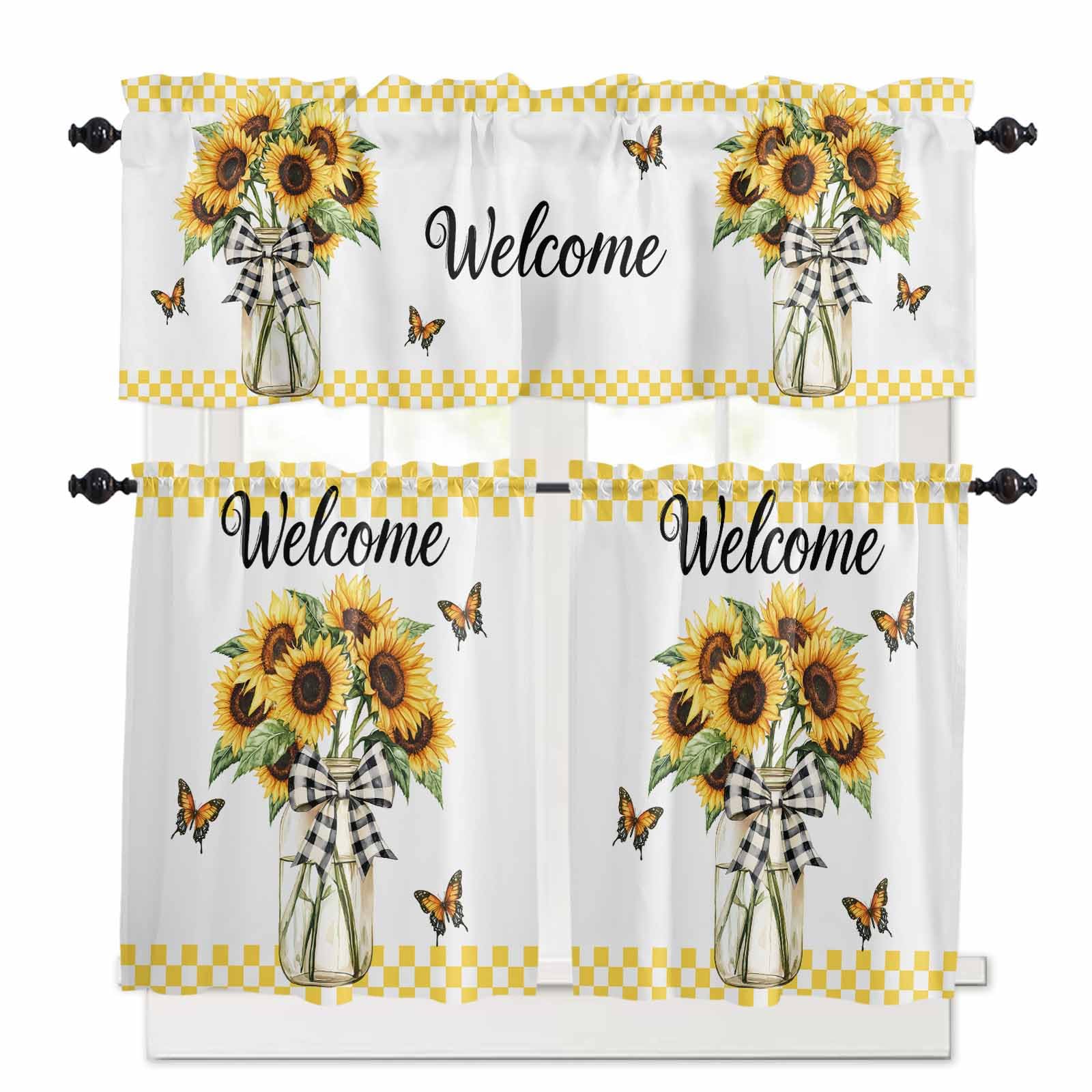 Spring Sunflower Kitchen Curtains 36 Inch Length, 3 Piece Rod Pocket Small Half Tiers and Valance Set, Vase Butterfly Yellow Plaid Artwork Small Large Window Treatment Decor for Bedroom/Bathroom Sink
