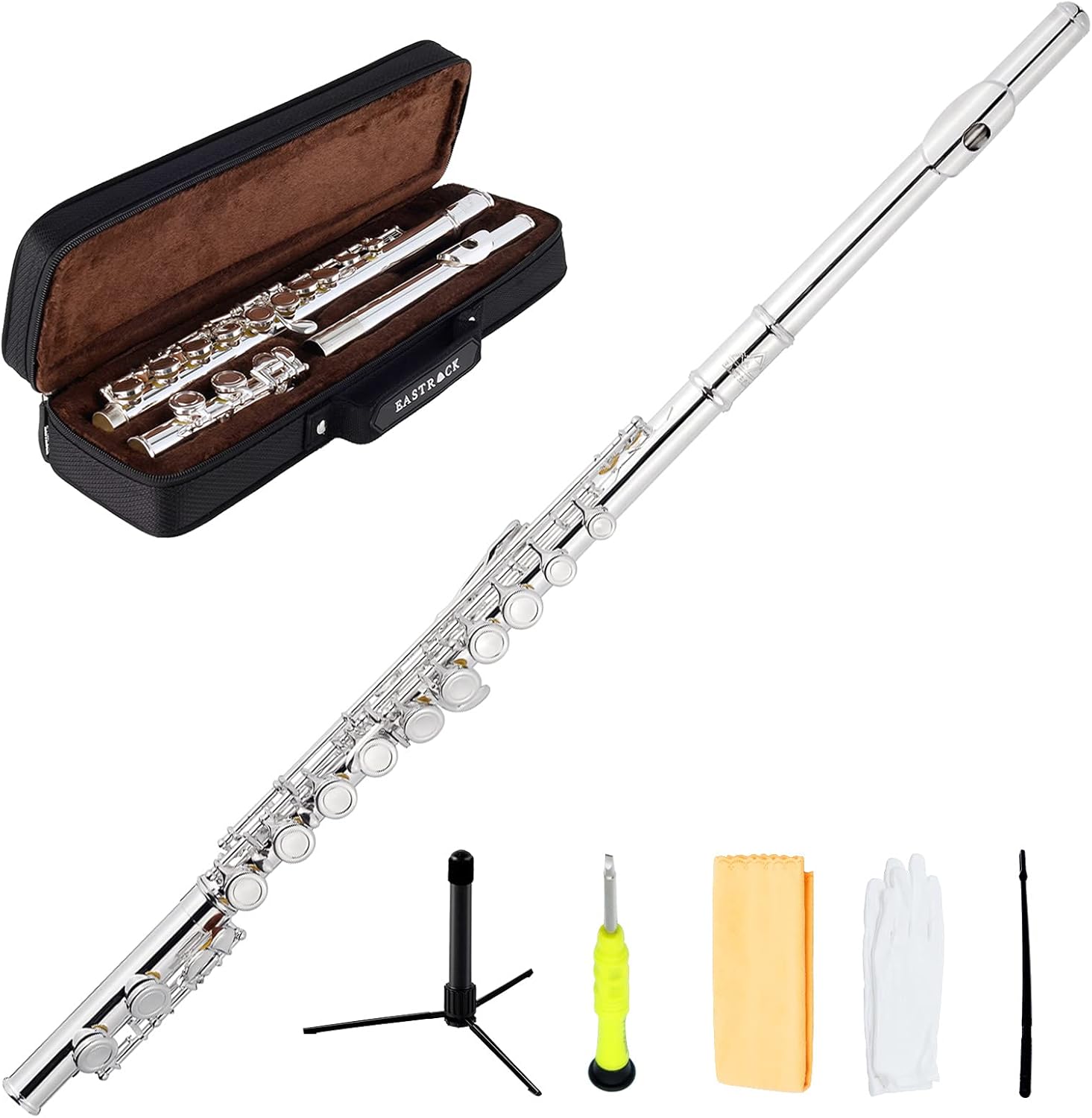 EastRock Closed Hole Flutes C 16 Key for Beginner, Kids, Student Silver Nickel Flute with Case Stand and Cleaning kit