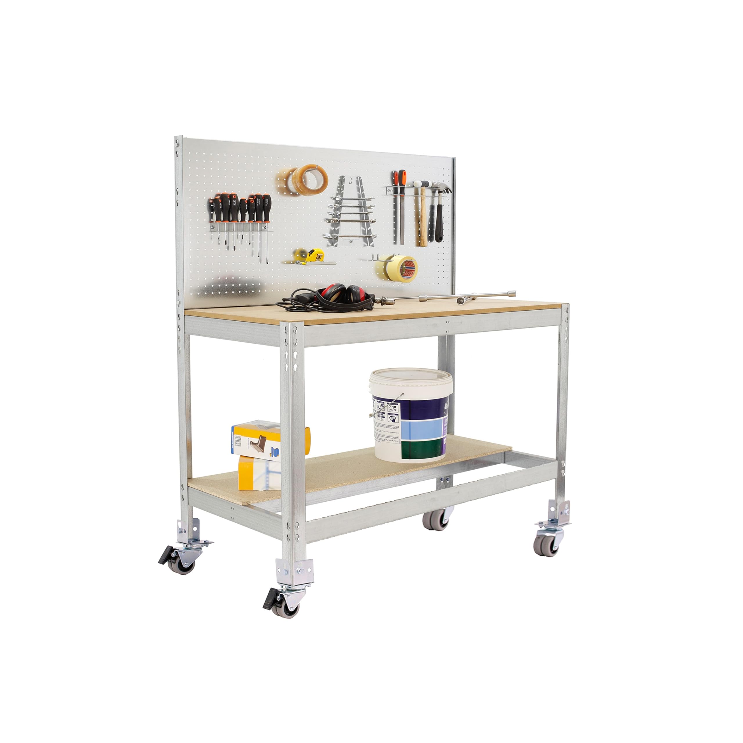 Simon Rack Banco de Trabajo Taller con ruedas 910x610 mm - BT2 | Panel Perforado, Tablero madera 16 mm, Capacidad Carga 120 kg, Galva , Pintura anticorrosión, Montaje sistema clic