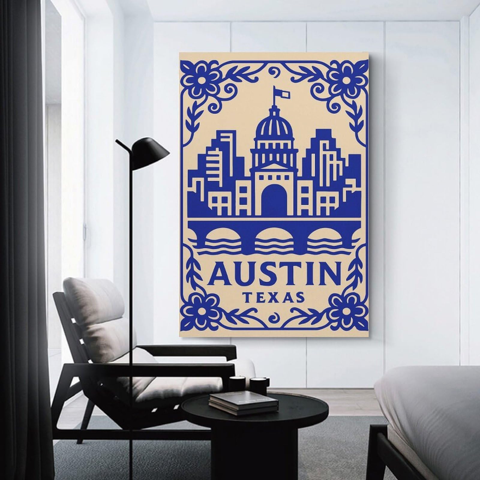 Junmoney Austin Texas Skyline with Floral Border Canvas Wall Art, 20x30inch(50x75cm), for Entrance Walls, Hall Decor Or Foyers, Wall Decor to Refresh Empty Corners