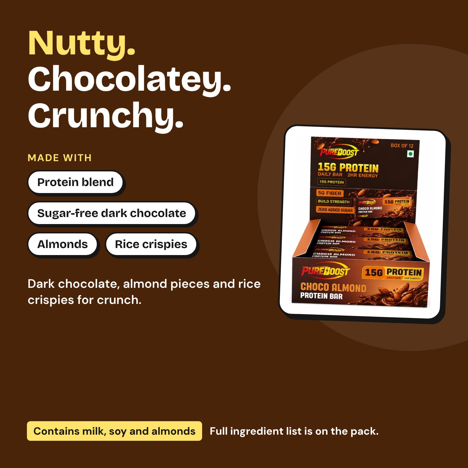 Choco Almond Protein Bar | 15g Protein Per Bar | 5g Fiber | Zero Added Sugar | Healthy High Protein Snack | 2 Hr Energy | Gym, Office & Travel Nutrition Bar | Pack of 12 — Amazon image 3