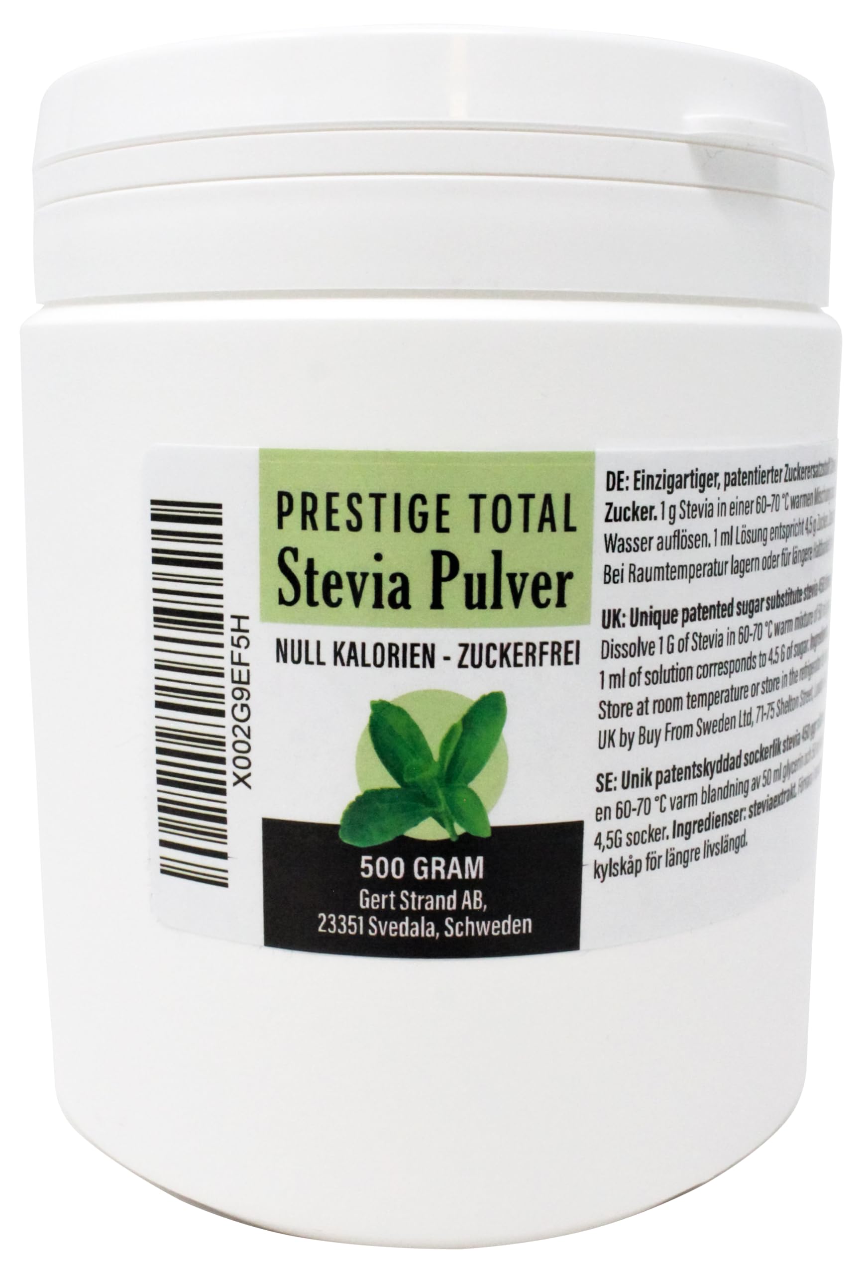 Aromhuset Stevia Extrakt Prestige Total 500 g – 100% Reb A++ 98% Premium-Stevia Pulver, ultrafein, zuckerähnlicher Geschmack, bis zu 450-mal süßer als Zucker