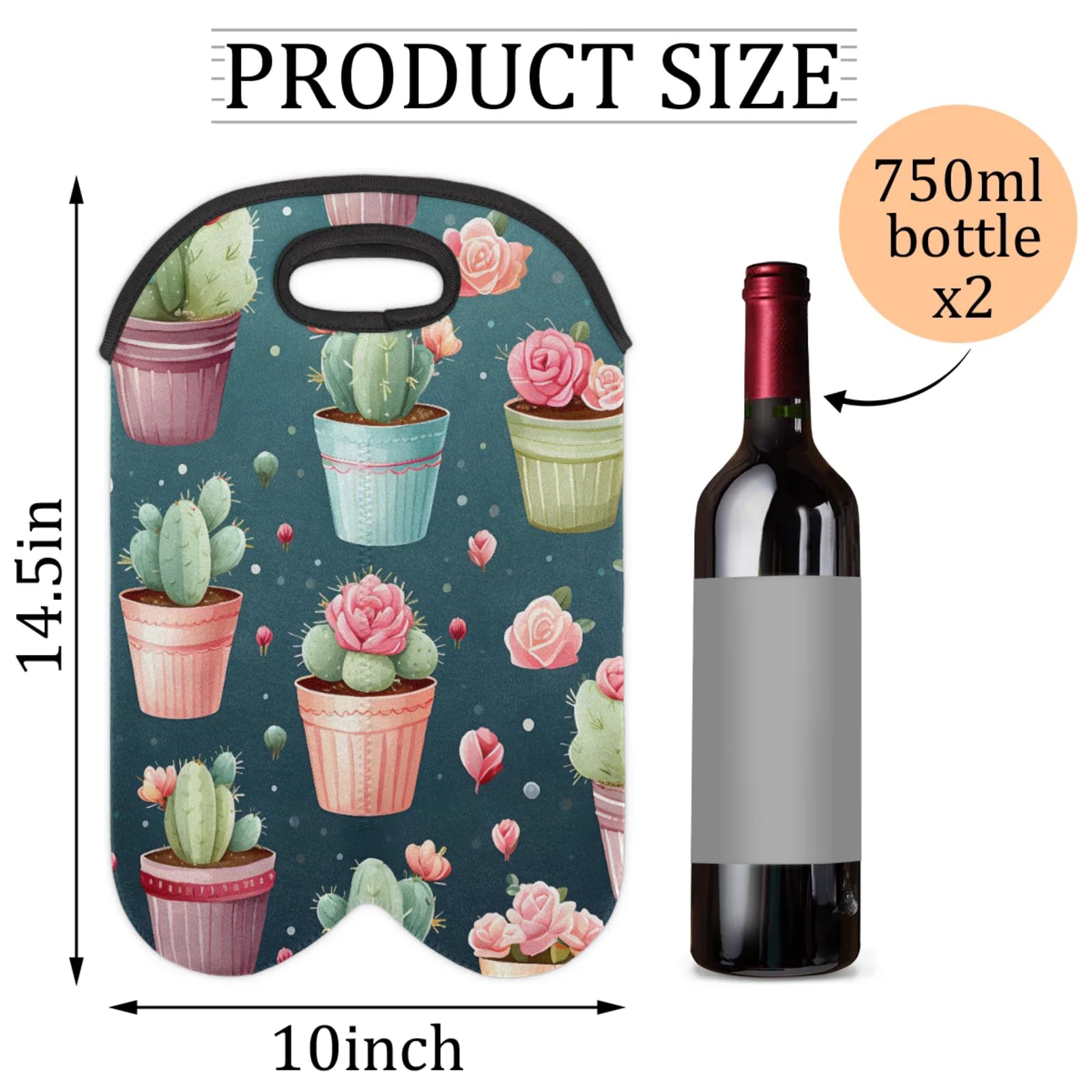 GzLeyigou 2 Bottles Cactus Flower Wine Bag Sleeve Totes Neoprene Protective Wine Carrier Bag for Wine,Water, Champagne, Beer, Baby Bottles,Gift 14.5 x 10 Inches
